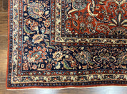Persian Sarouk Rug 9x12, Red and Dark Blue Floral Allover Antique Persian Carpet, Handmade Wool Qazvin Rug