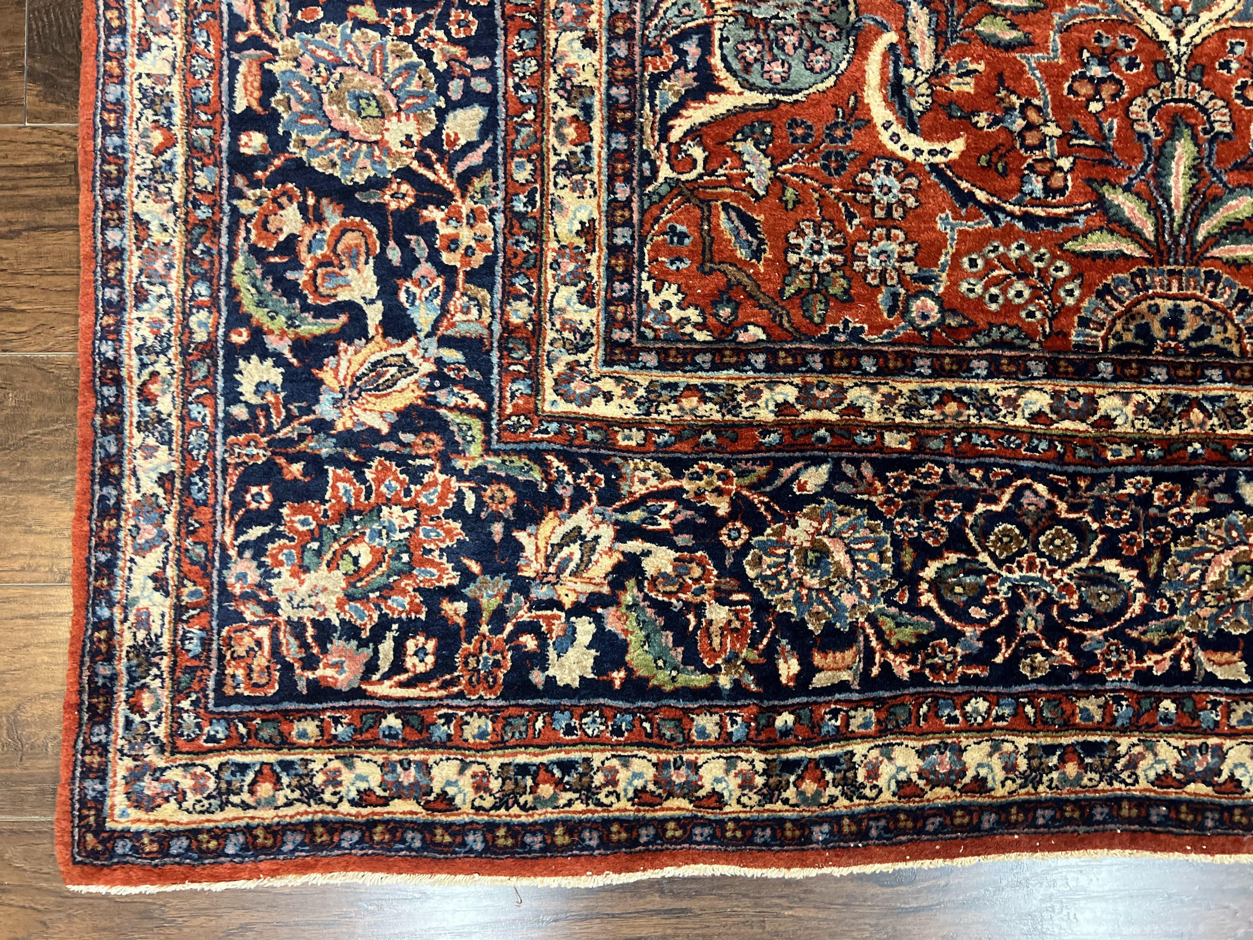 Persian Sarouk Rug 9x12, Red and Dark Blue Floral Allover Antique Persian Carpet, Handmade Wool Qazvin Rug