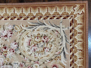 Aubusson Rug 9x12, Elegant Savonnerie Carpet 9 x 12 ft, Beige Ivory Tan, Floral, Flatweave Wool Handmade Area Rug 9 x 12 ft, European French