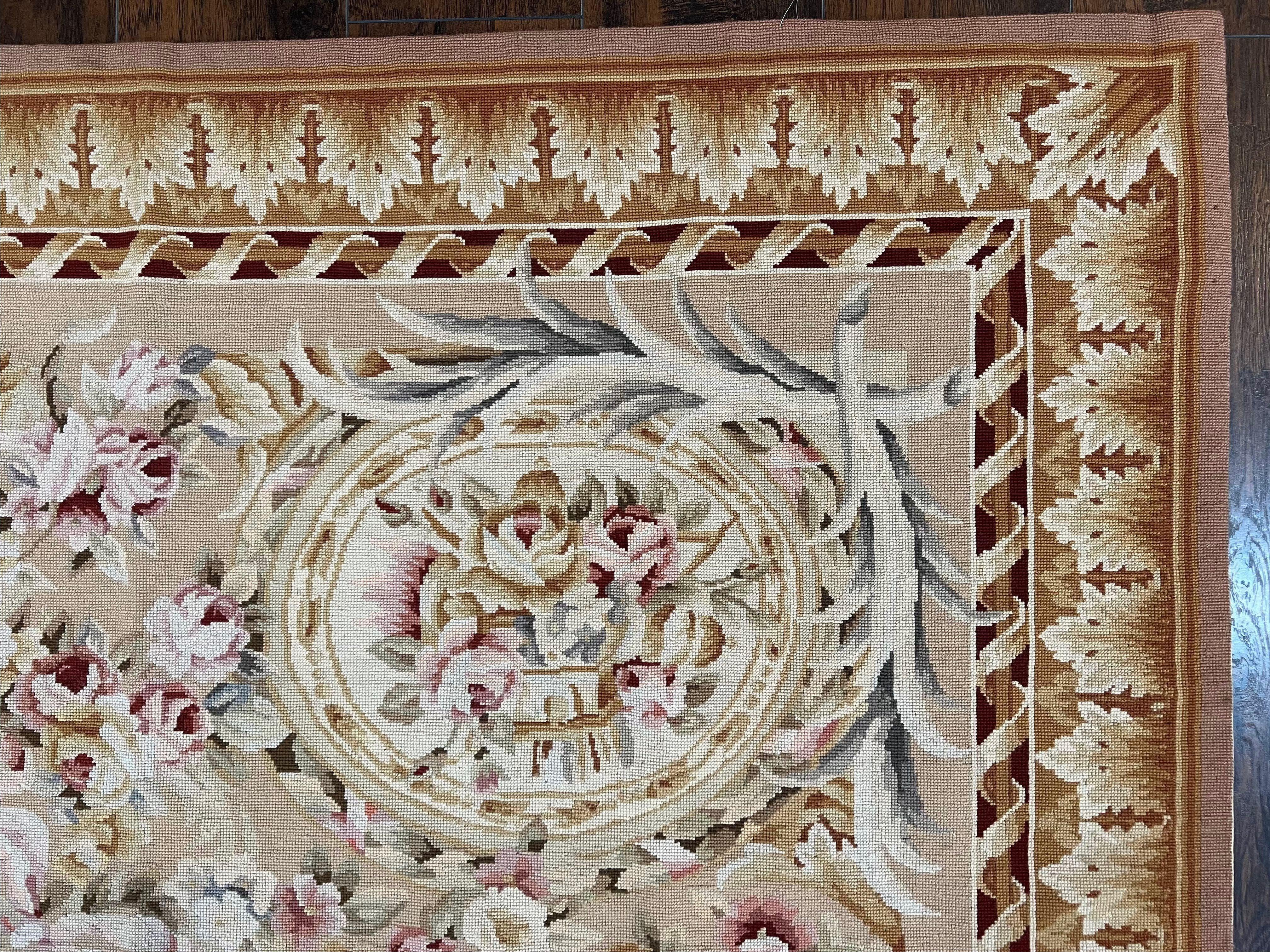 Aubusson Rug 9x12, Elegant Savonnerie Carpet 9 x 12 ft, Beige Ivory Tan, Floral, Flatweave Wool Handmade Area Rug 9 x 12 ft, European French