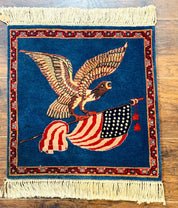 Pictorial Rug of American Flag with Bald Eagle, Small Indo Persian Pictorial Rug, Blue, Handmade, Very Fine 330 KPSI