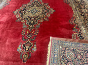 Persian Kashan Rug 9x12, Traditional, Semi Open Field, Red, Signed By Master Weaver, Antique Rug