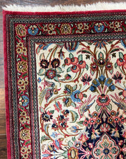 Wonderful Persian Qum Runner Rug 2.8 x 10 ft, Floral Medallions with Bird Motifs, Hand Knotted Wool Fine Oriental 10ft Hallway Runner, Cream Red