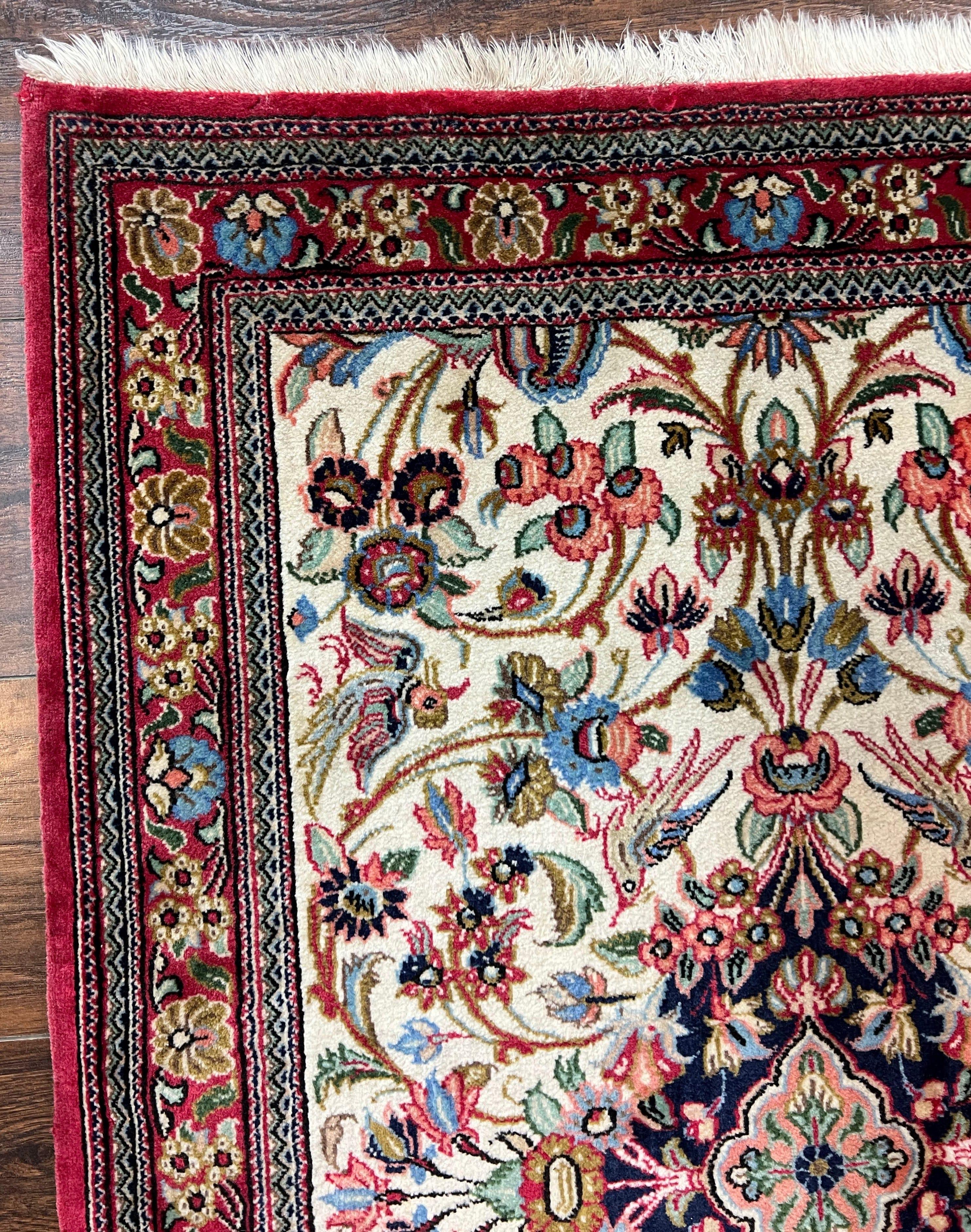 Wonderful Persian Qum Runner Rug 2.8 x 10 ft, Floral Medallions with Bird Motifs, Hand Knotted Wool Fine Oriental 10ft Hallway Runner, Cream Red
