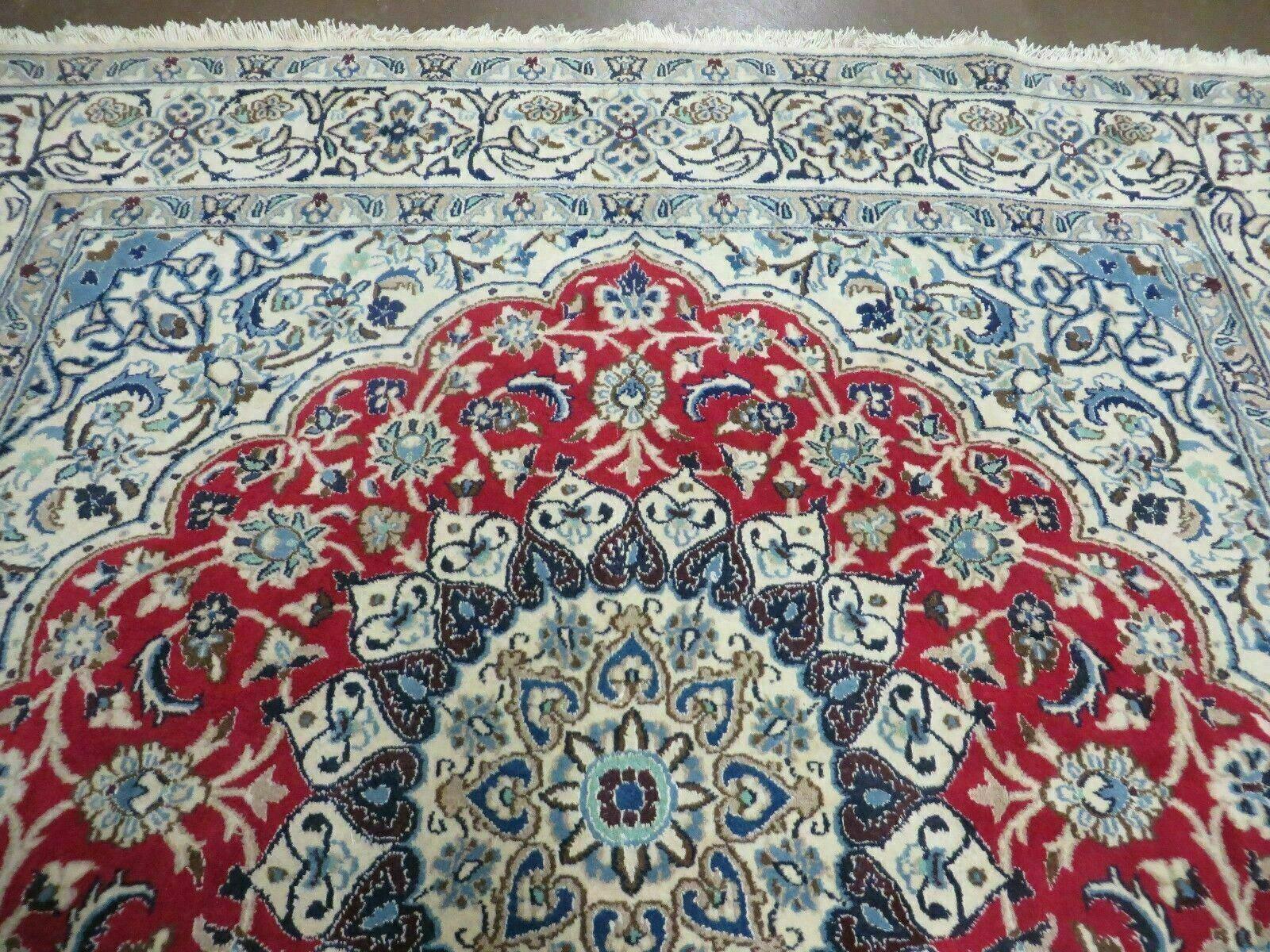 Square Persian Nain Rug 6'3" x 6' 8", Hand-Knotted, Wool with Silk Accents, Ivory Red Blue