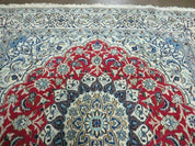 Square Persian Nain Rug 6'3" x 6' 8", Hand-Knotted, Wool with Silk Accents, Ivory Red Blue
