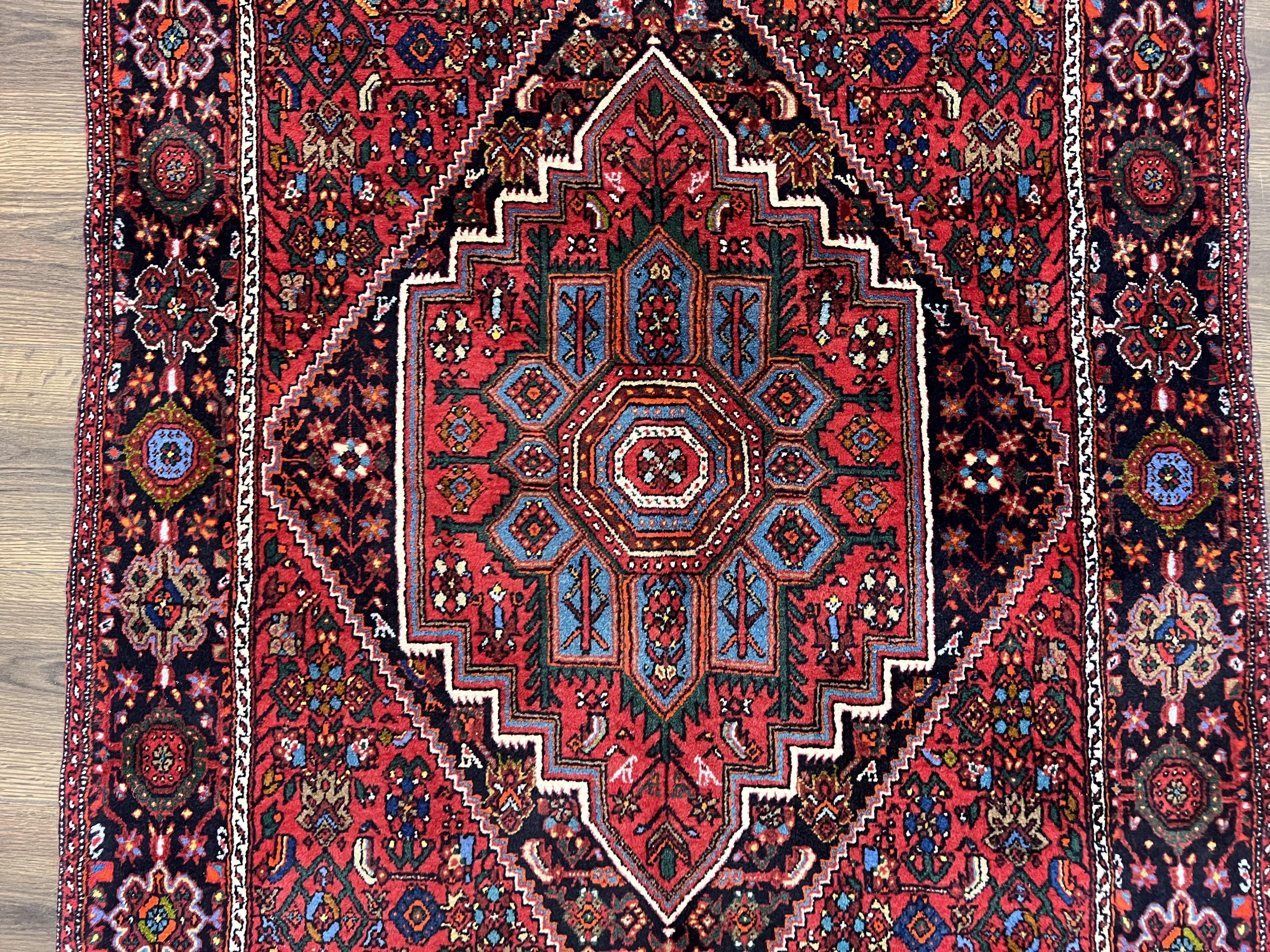 Fine Persian Bidjar Rug 3x5 ft, Ruby Red and Black, Geometric Medallion, Hand Knotted Semi Antique Oriental Bijar Carpet, Wool Area Rug, Tribal Rug