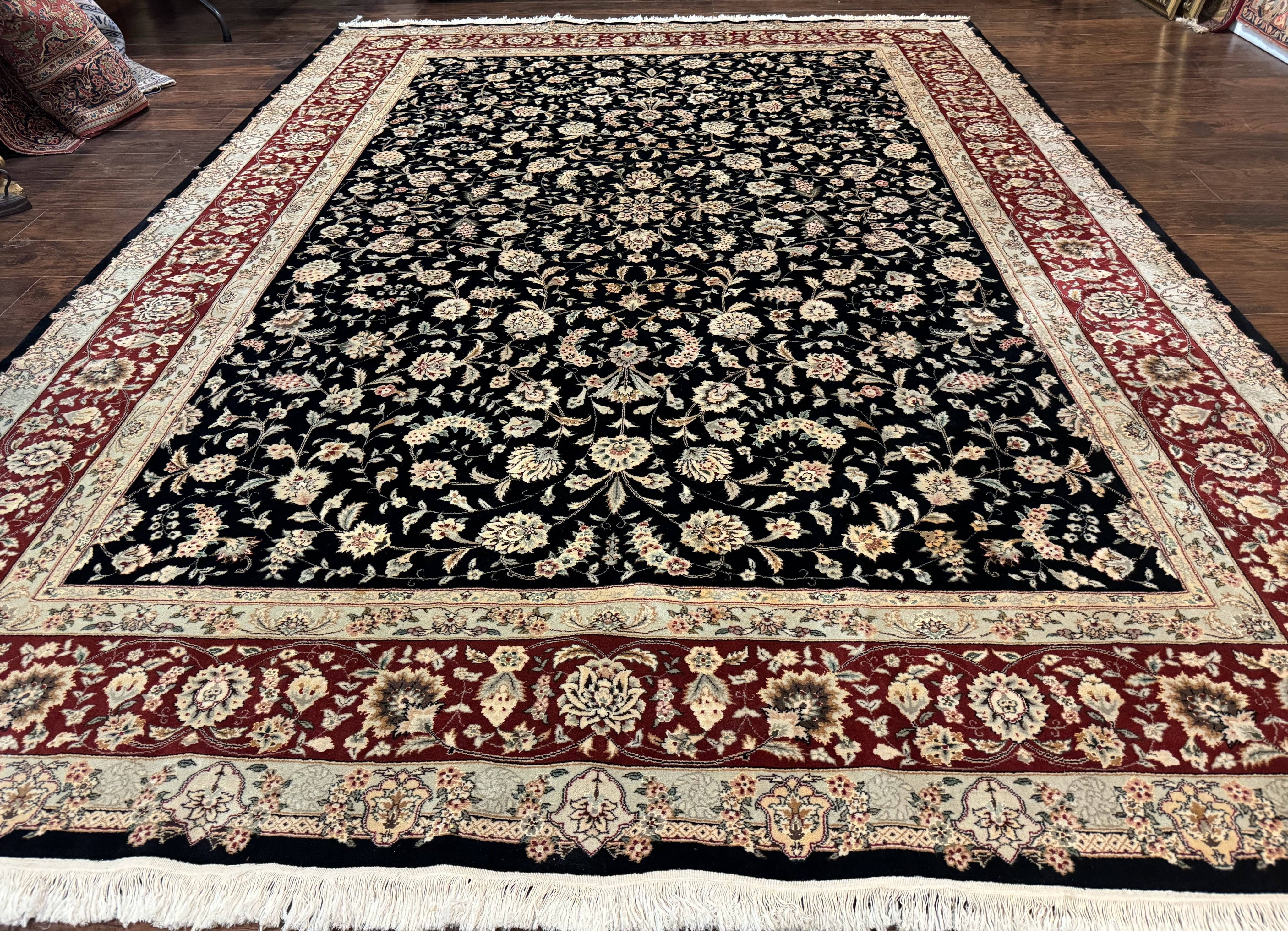 Sino Persian Rug 9x12, Fine Elegant Oriental Carpet 200 KPSI, Black and Dark Red, Allover Floral