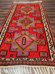 Persian Kurdish Zarand Kilim Rug 5x9, Red, Geometric Medallions, Wide Runner