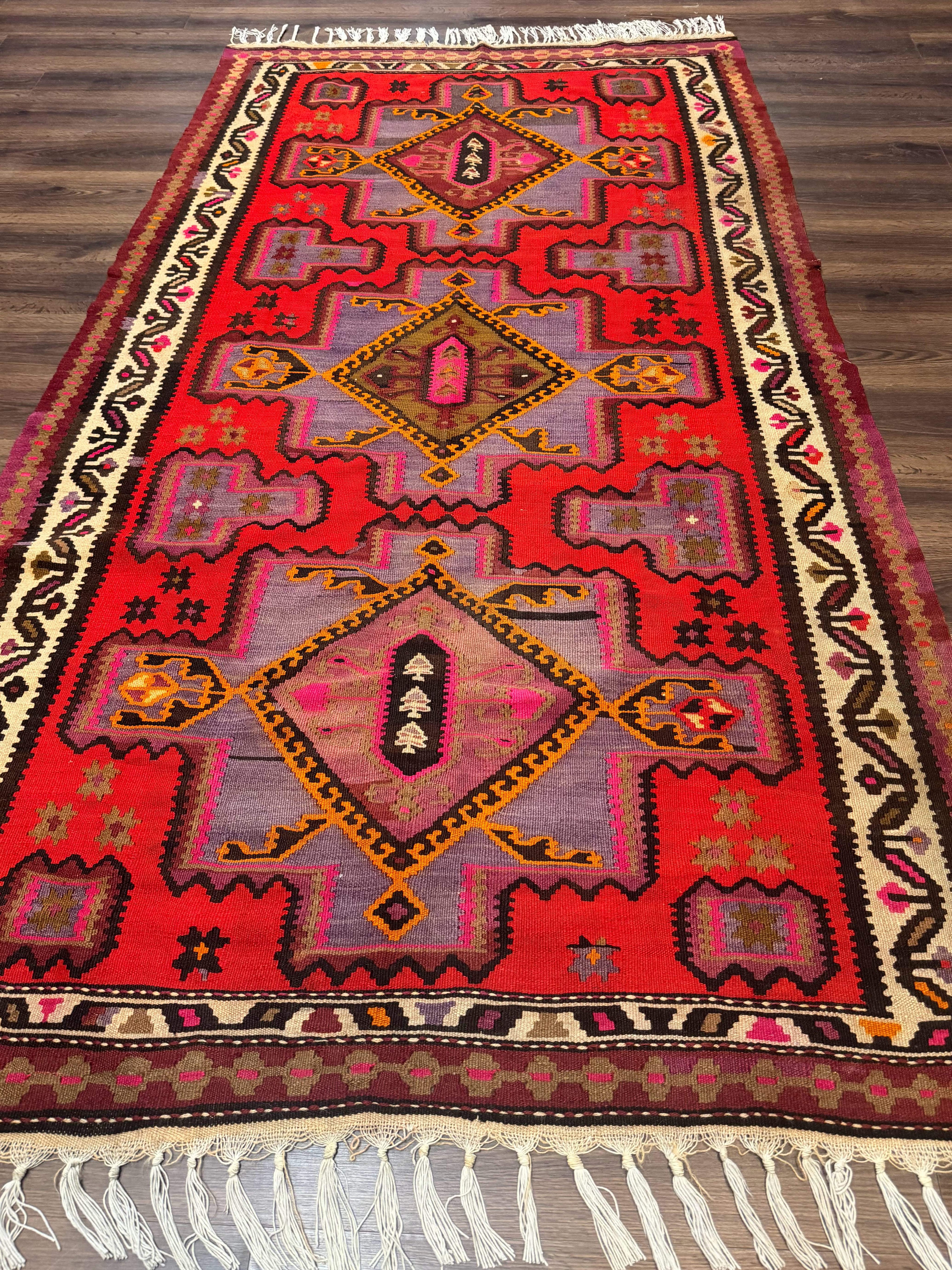 Persian Kurdish Zarand Kilim Rug 5x9, Red, Geometric Medallions, Wide Runner