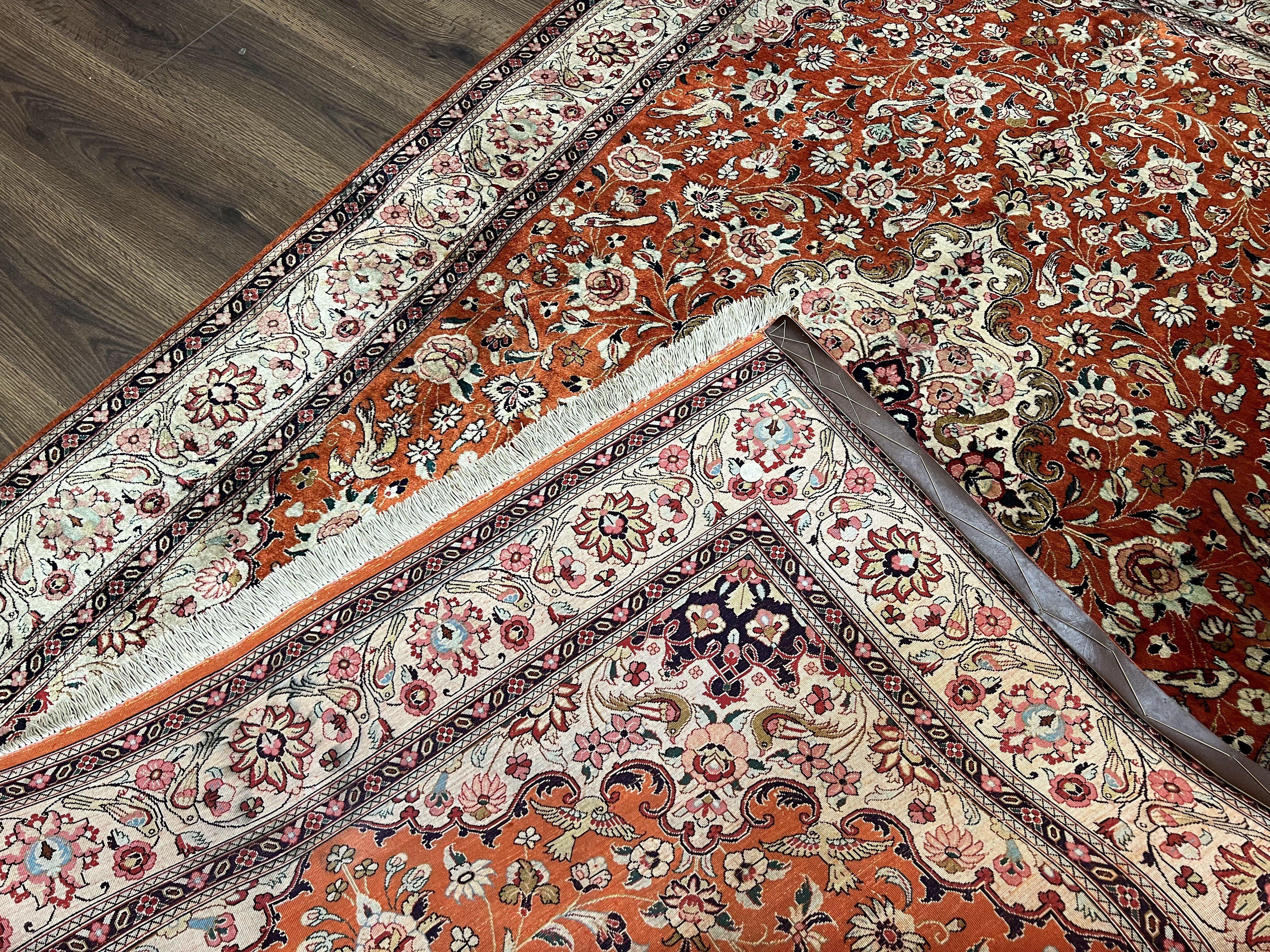 Persian Qum Silk Rug 5x7 - Floral Medallion, Birds, Orange-Red