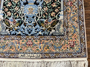 Wonderful Persian Isfahan Rug 3.7 x 5, Kork Wool on Silk Foundation, Very Fine 460 KPSI, Tree of Life Persian Vase Design Animal Pictorials Peacocks