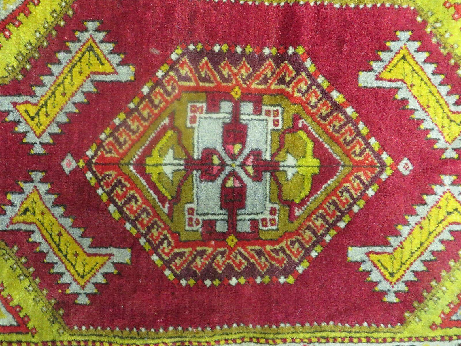 Antique Turkish Yastik Rug 2x3, Handmade Wool Oushak Small Oriental Carpet Red
