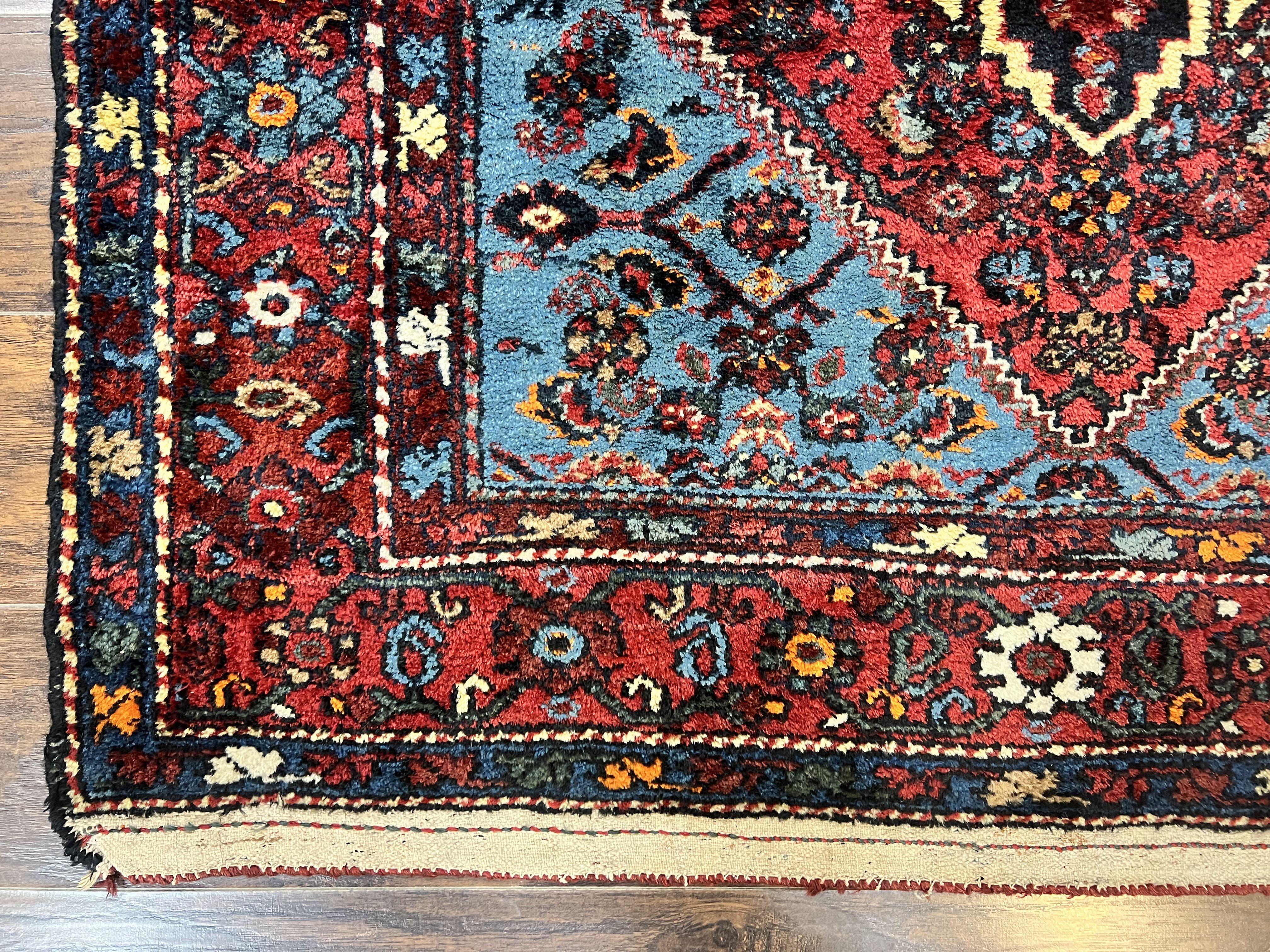 Antique Persian Tribal Rug 4x7, Wool Handmade 1920s Carpet, Red Blue, Persian Hamadan Rug