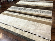 Modern Tibetan Nepali Rug 8x12, Stripe Pattern, Wool with Silk Highlights, Handmade, Beige Tan Brown