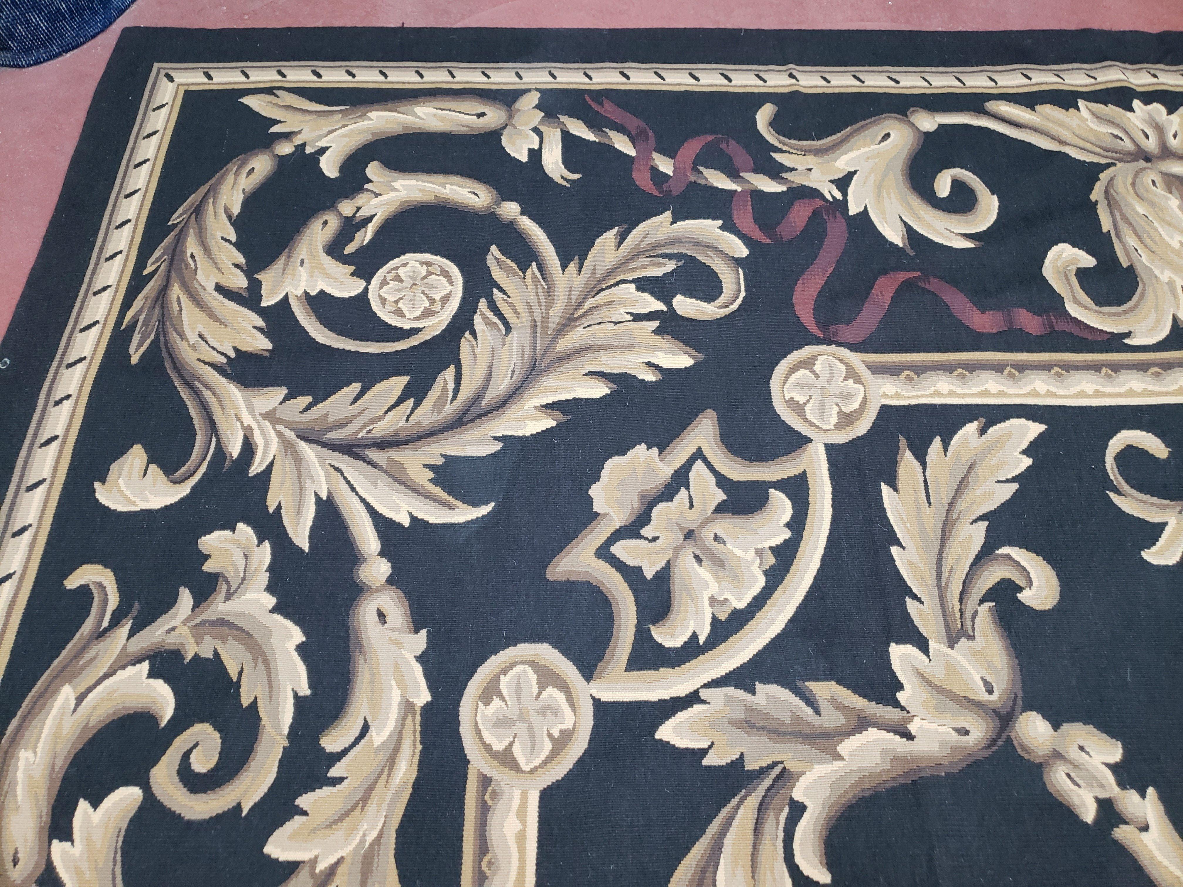 Black and Tan Aubusson Rug, 10 x 14 Aubusson Carpet, New Aubusson Rug, Elegant, Wool, Handmade Area Rug, Flatweave Rug, Large Aubusson Rug