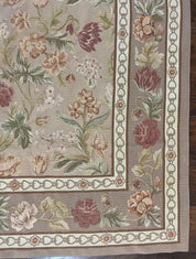 Aubusson Rug 9x12, Pink Beige Light Mauve, Handmade Allover Floral Roses, Wool Flatweave Carpet 9 x 12 ft, European French Design, Elegant