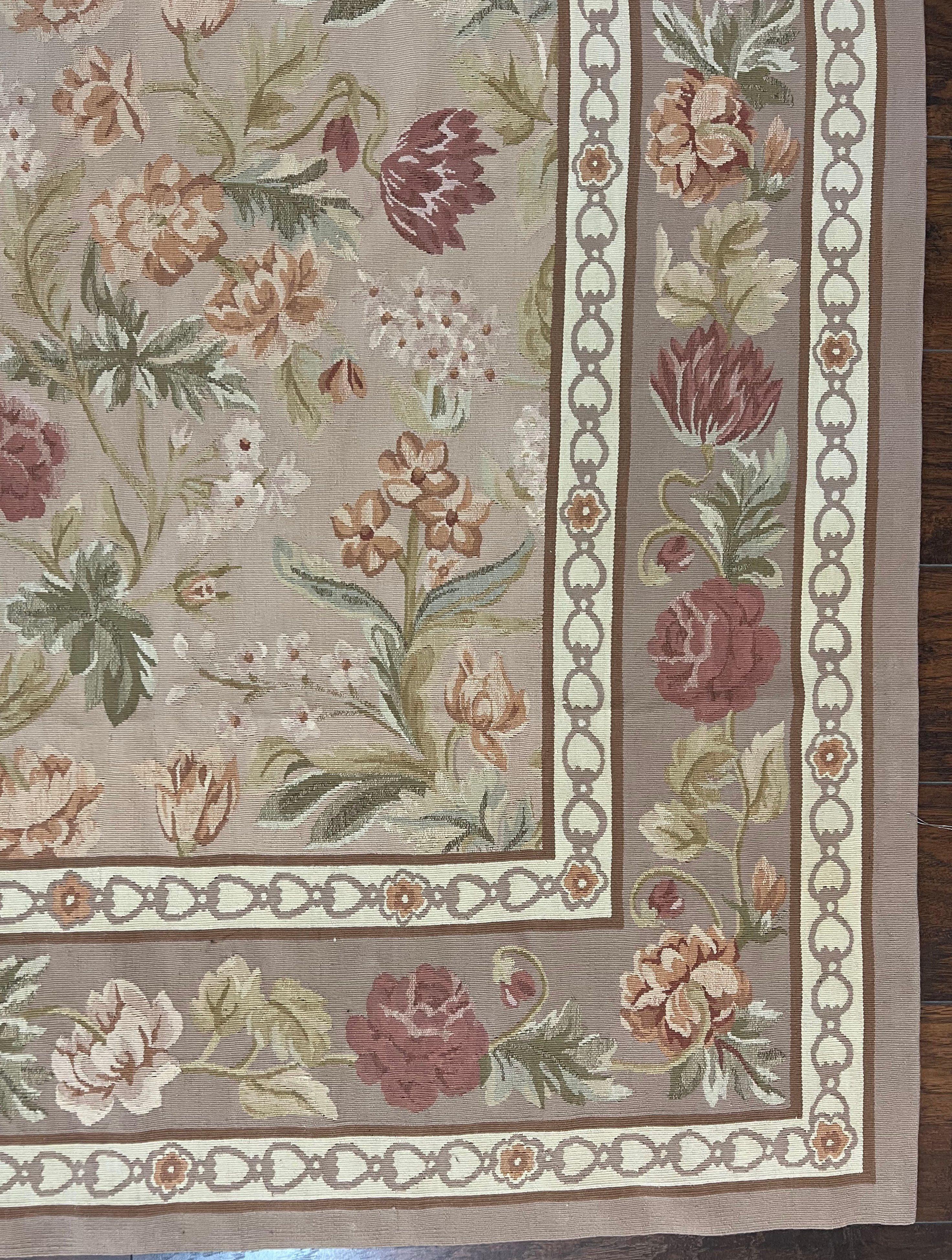 Aubusson Rug 9x12, Pink Beige Light Mauve, Handmade Allover Floral Roses, Wool Flatweave Carpet 9 x 12 ft, European French Design, Elegant