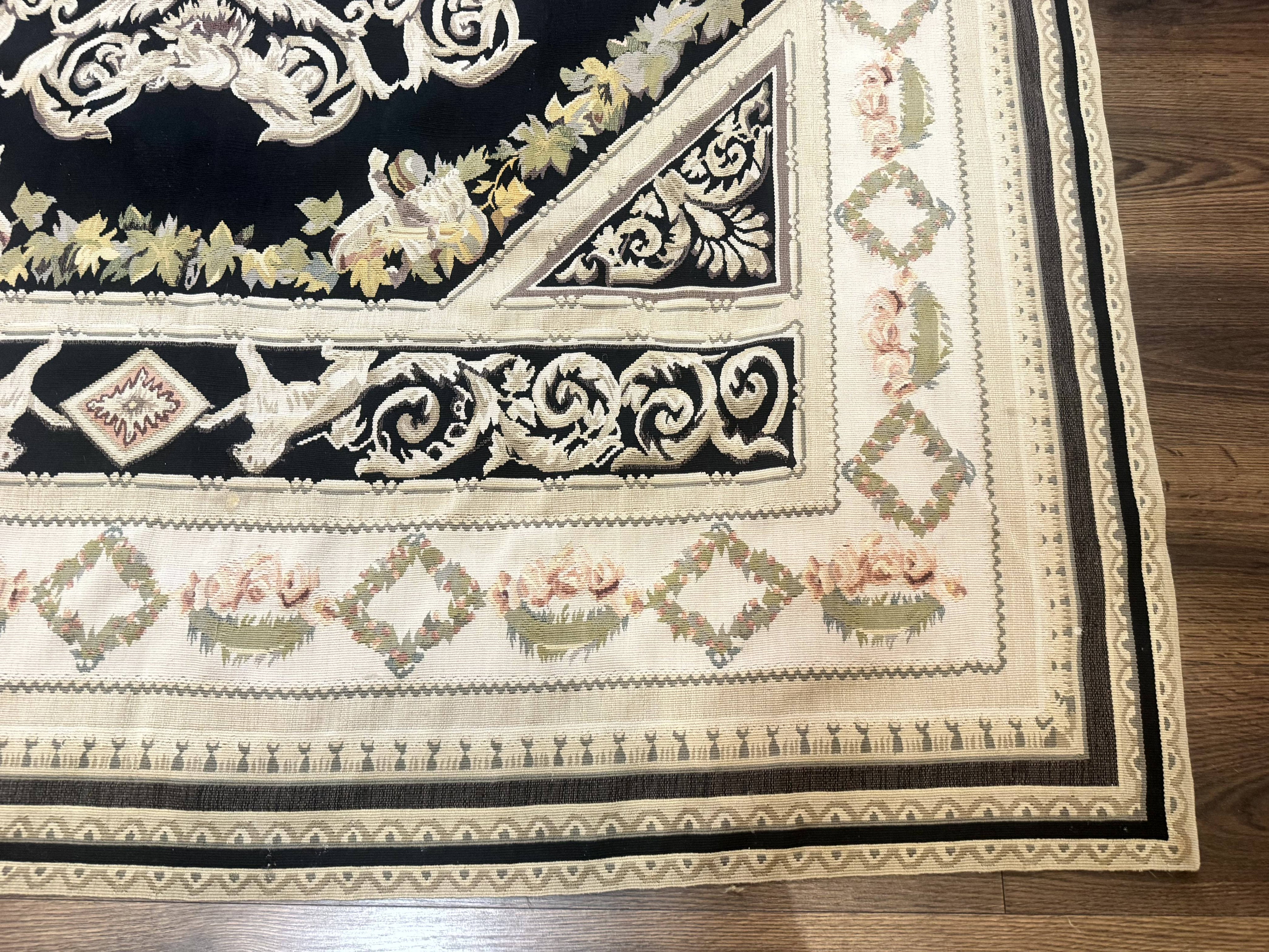 Aubusson Rug 6x8, European Design, Lion Pictorials, Black