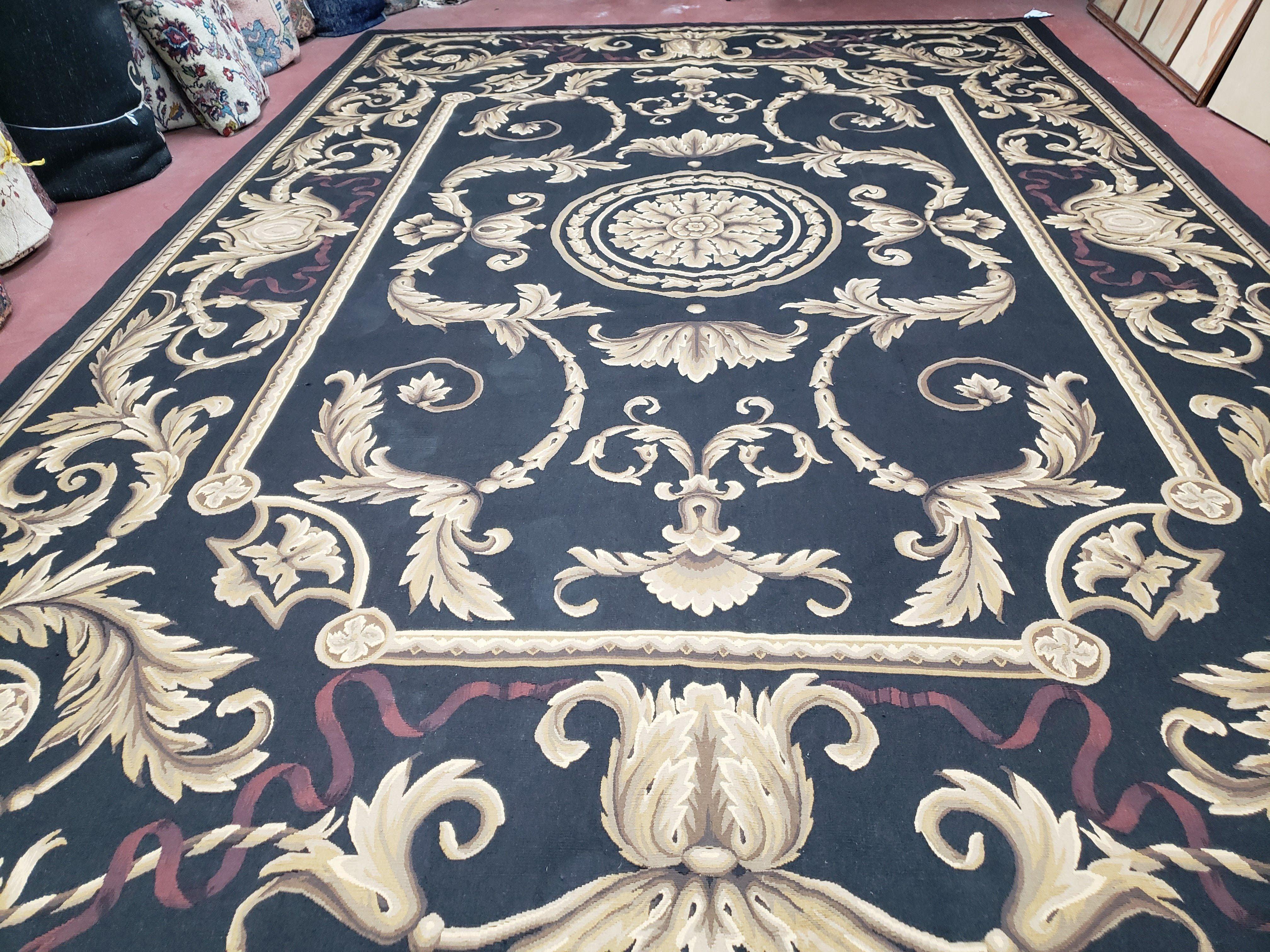 Black and Tan Aubusson Rug, 10 x 14 Aubusson Carpet, New Aubusson Rug, Elegant, Wool, Handmade Area Rug, Flatweave Rug, Large Aubusson Rug