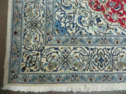 Square Persian Nain Rug 6'3" x 6' 8", Hand-Knotted, Wool with Silk Accents, Ivory Red Blue