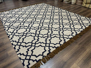 Indian Kilim Rug 8x10, Oat and Navy Blue, Dhurrie Carpet, Handmade, Wool