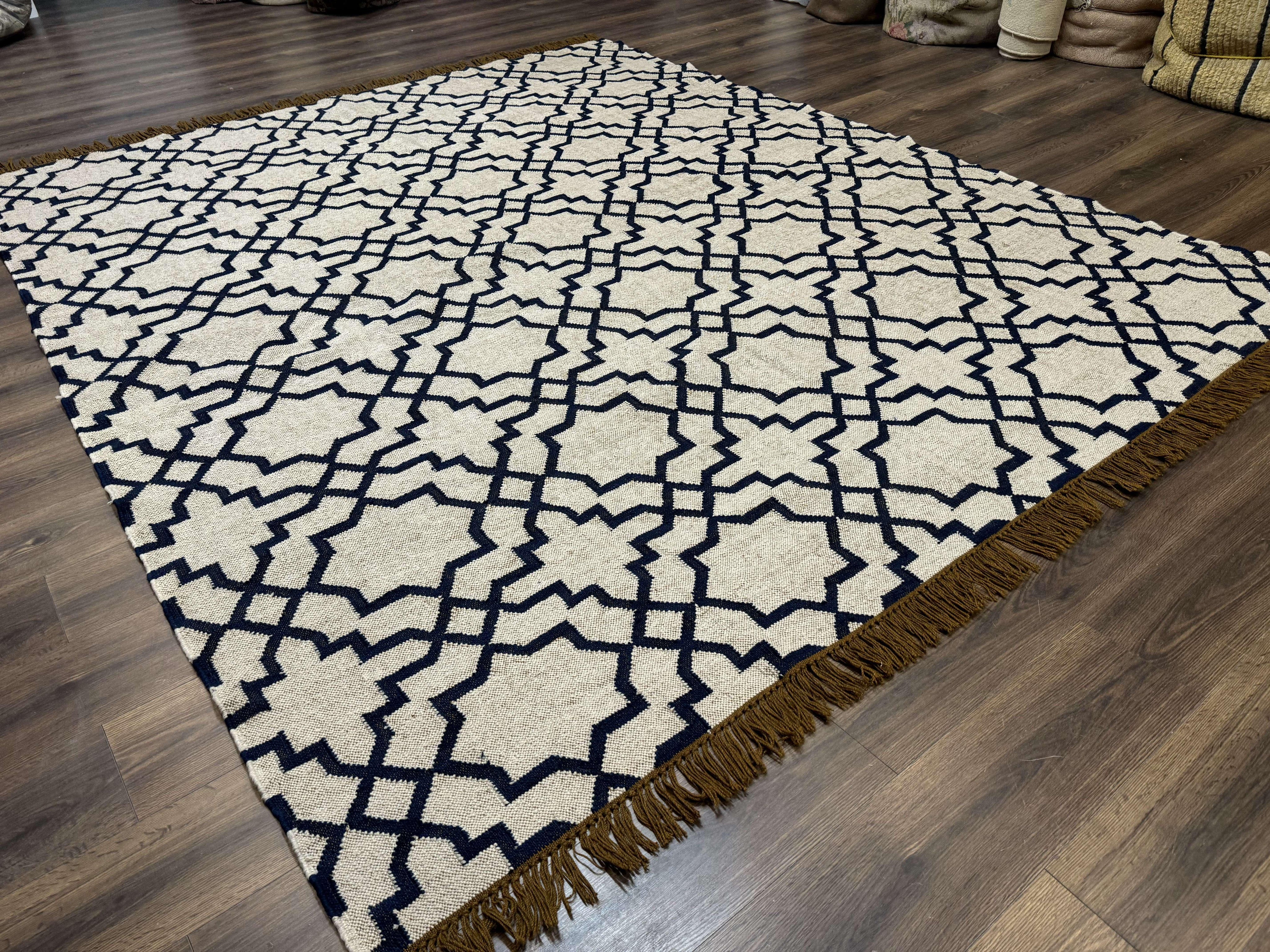 Indian Kilim Rug 8x10, Oat and Navy Blue, Dhurrie Carpet, Handmade, Wool