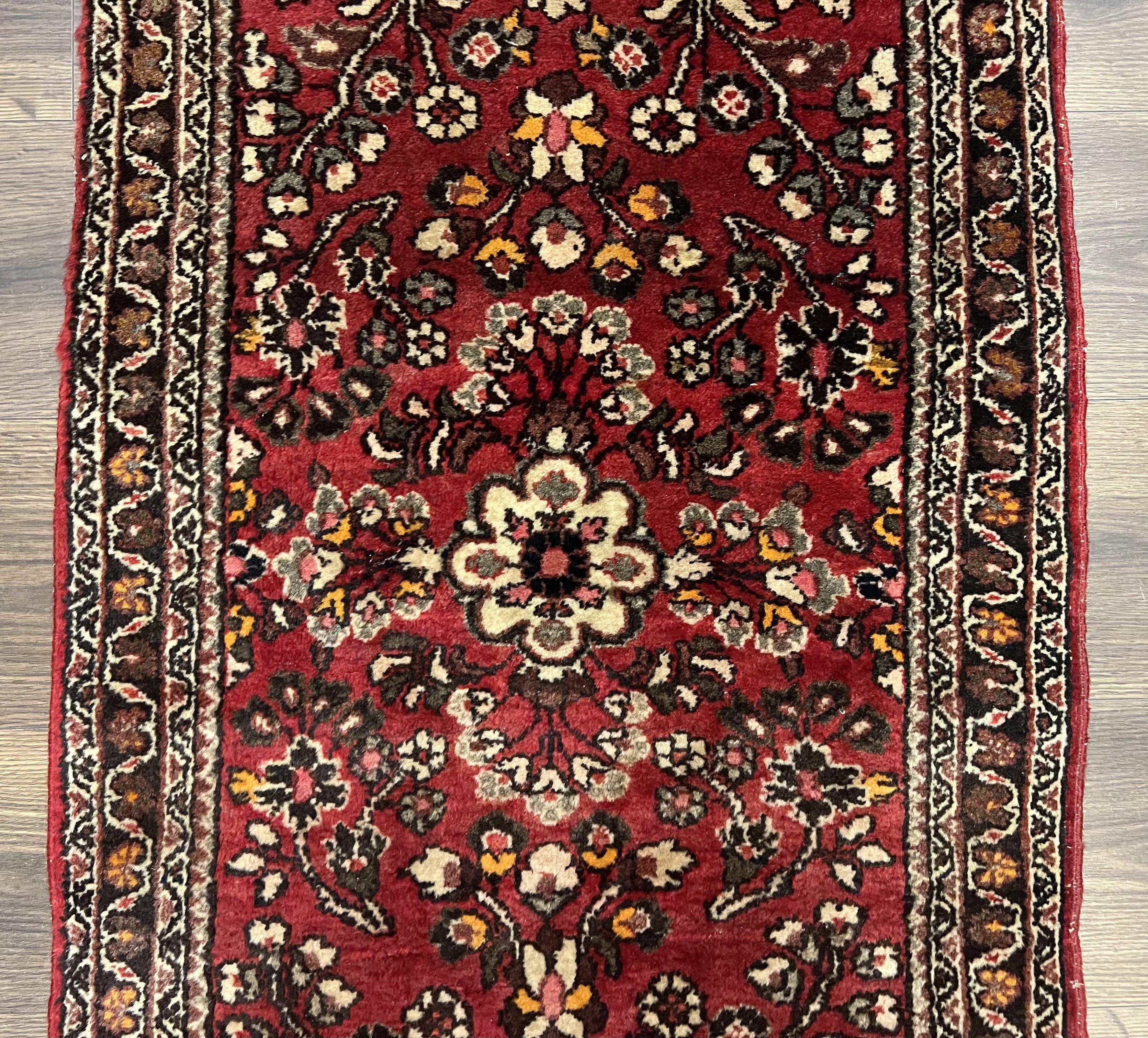 Small Persian Sarouk Rug 2x4 ft, Allover Floral Pattern, Red Black Cream, Hand Knotted Wool Traditional Oriental Carpet, Antique Persian Rug 2 x 4