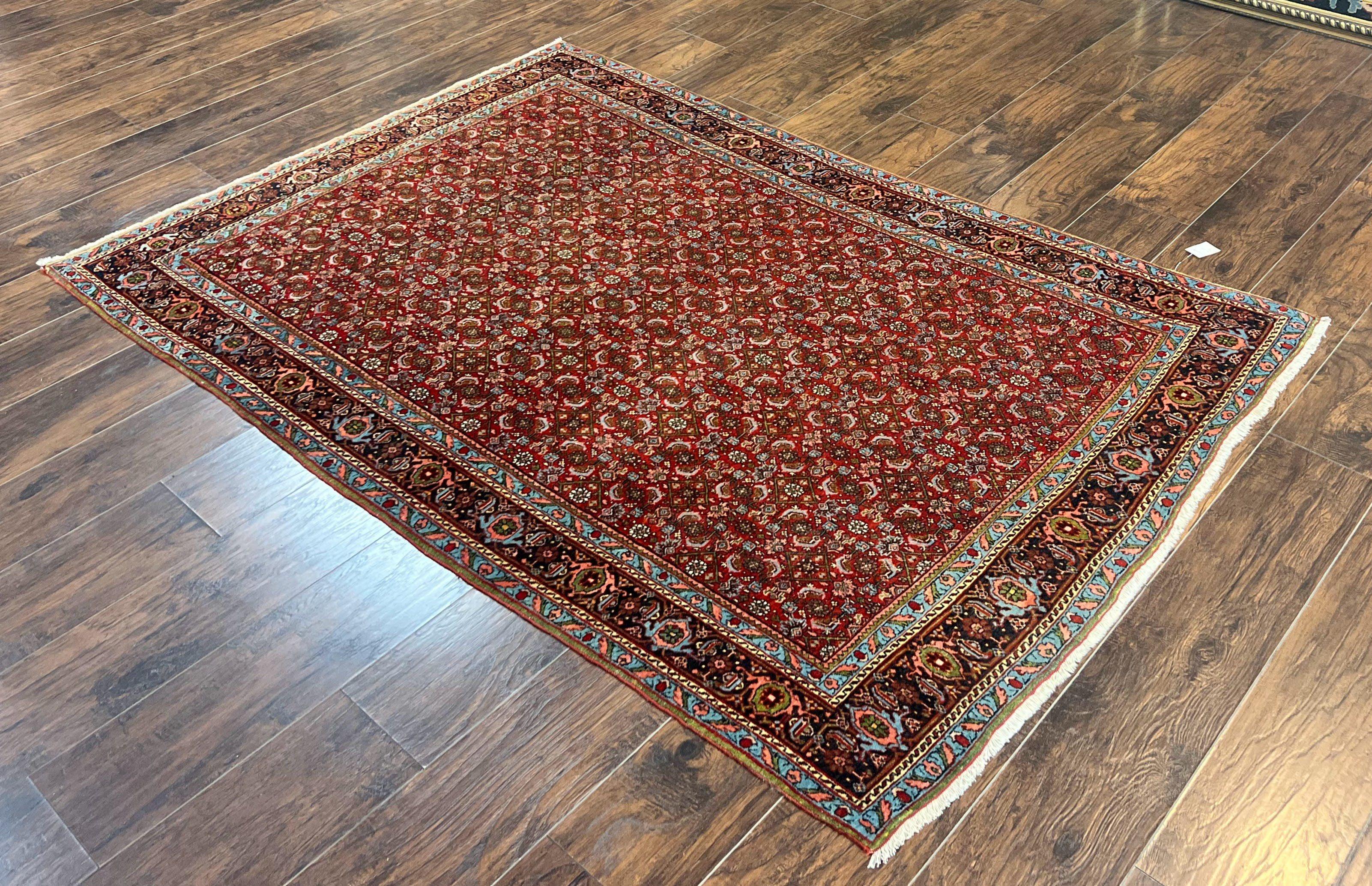 Antique Persian Bidjar Rug 5x7, Repeated Allover Herati Pattern, Red, Handmade Wool Carpet