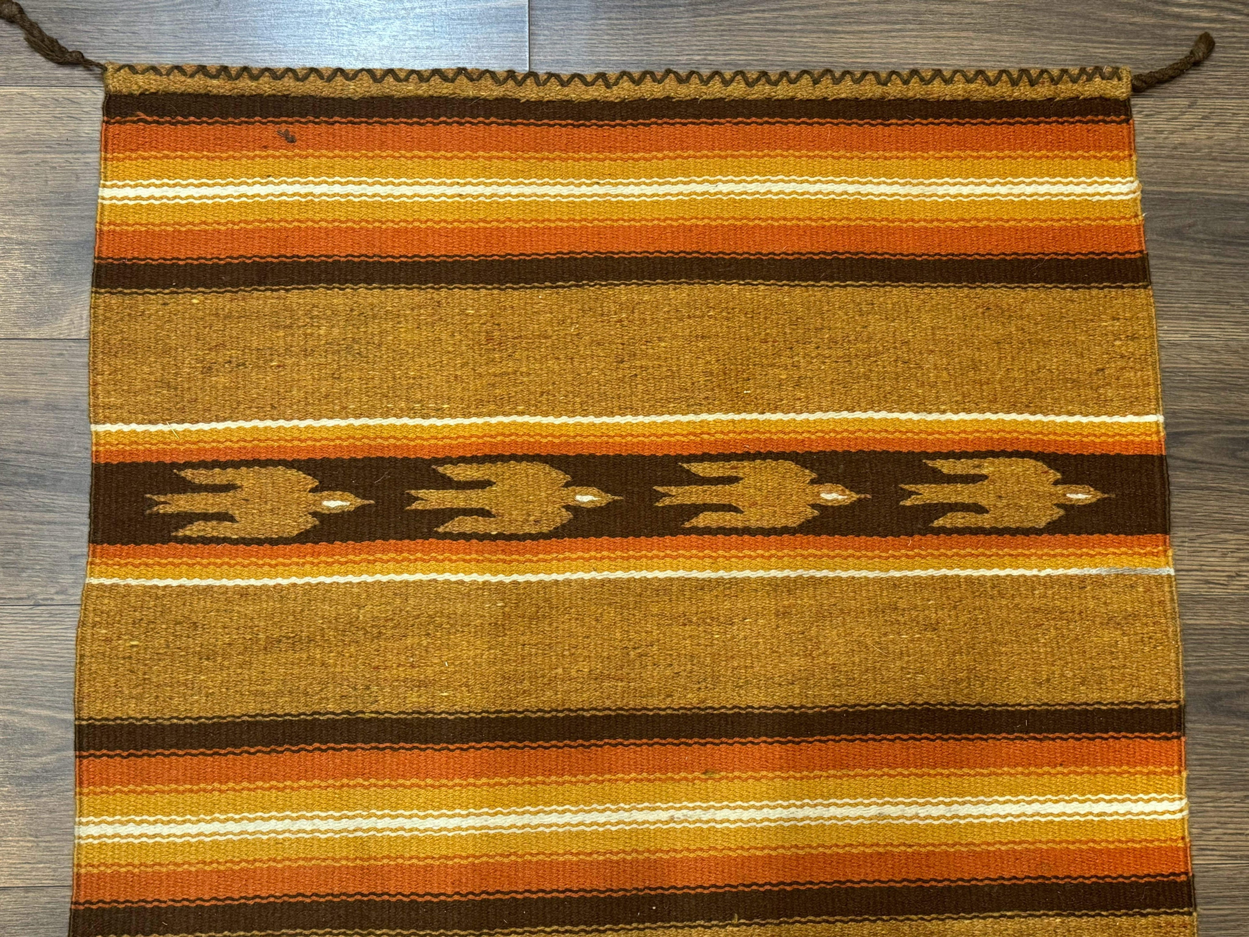South American Rug Blanket 2.7 x 5.6, Wool, Handmade, Navajo Design, Orange Brown