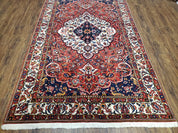 Semi Antique Persian Bakhtiari Rug, Hand-Knotted, Wool, Red, Midnight Blue, Ivory, Floral Medallion, 5'1" x 8' 6"
