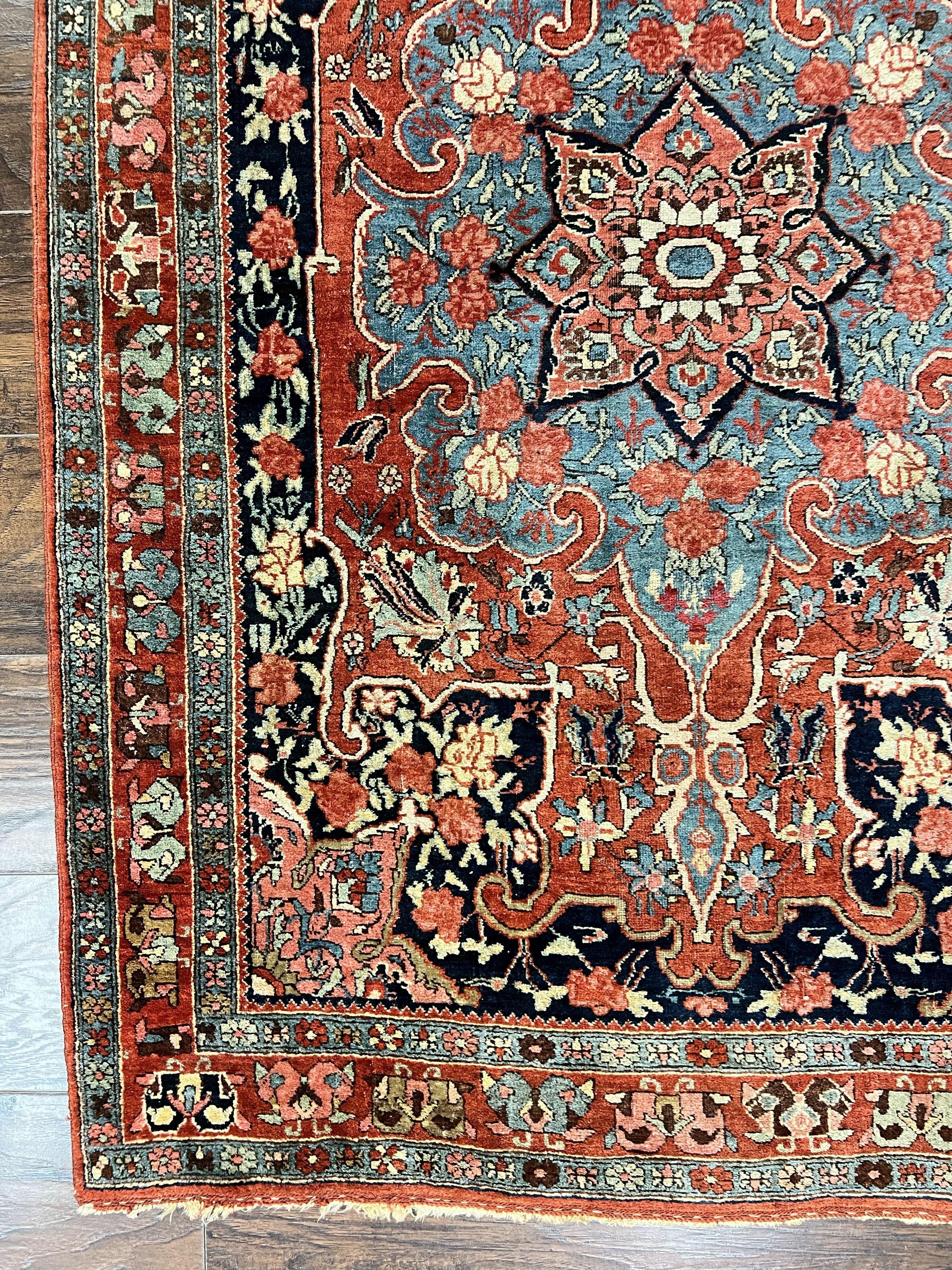 Antique Persian Bidjar Rug 4x5, Red and Blue, Hand Knotted Wool Carpet
