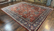 Persian Sarouk Rug 9x12, Red and Dark Blue Floral Allover Antique Persian Carpet, Handmade Wool Qazvin Rug