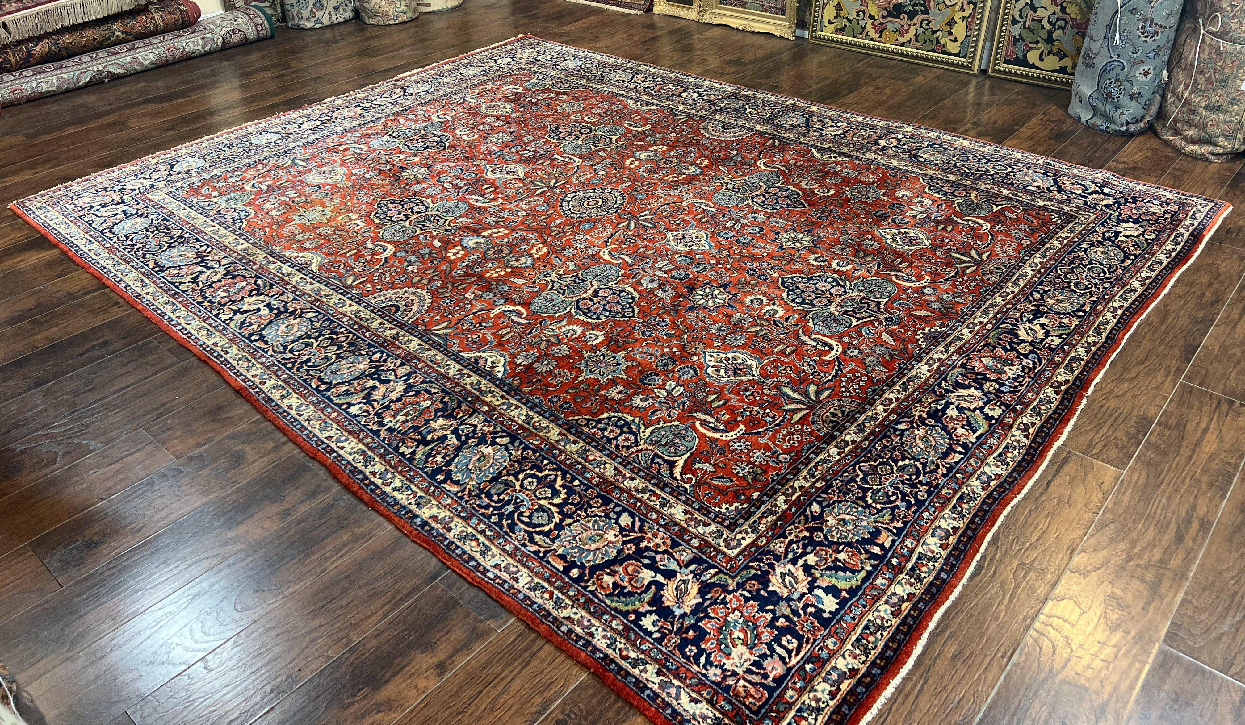 Persian Sarouk Rug 9x12, Red and Dark Blue Floral Allover Antique Persian Carpet, Handmade Wool Qazvin Rug