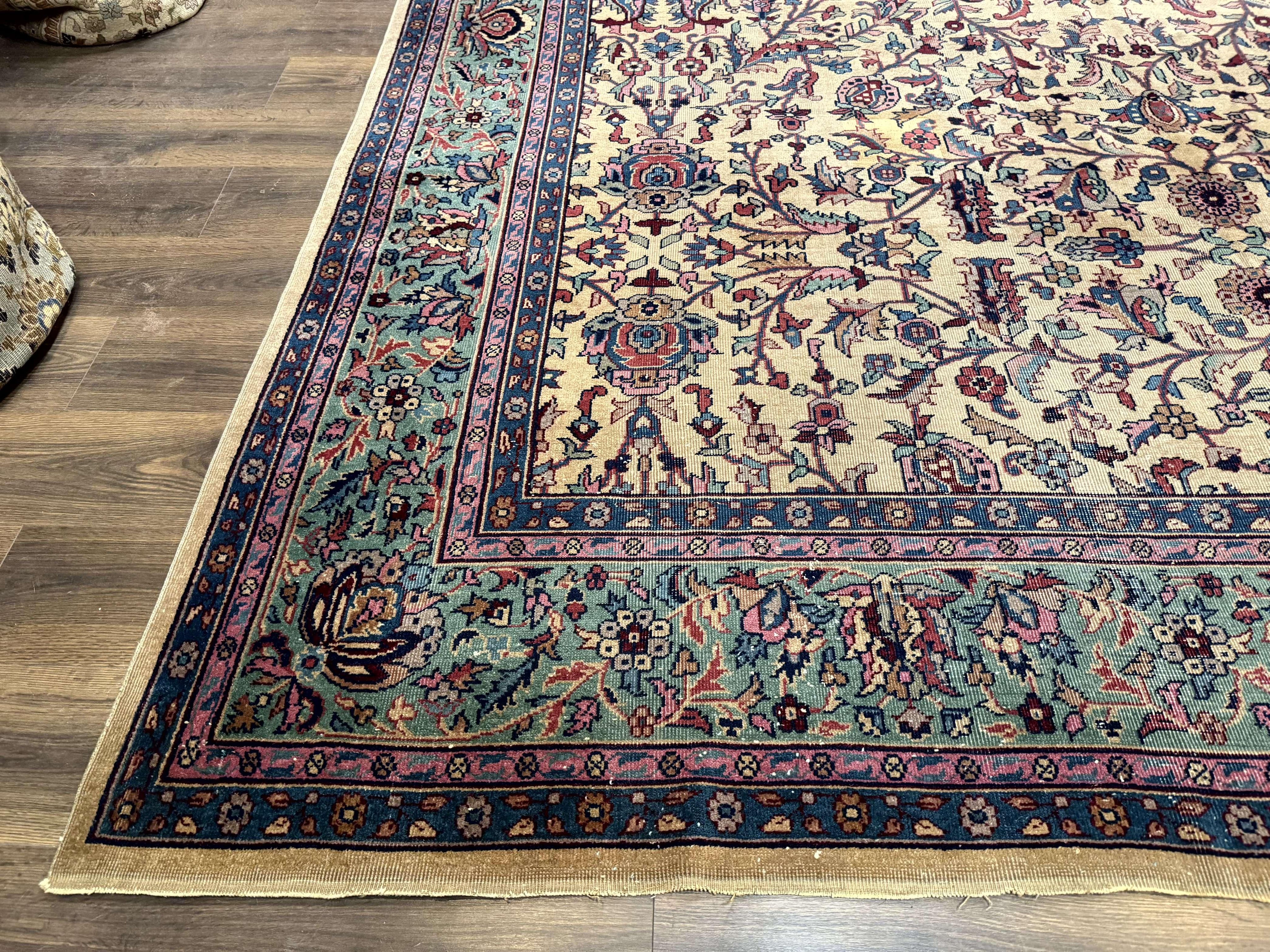 Antique Persian Rug 10x15, Camel and Cyan, Allover Pattern, Rare, Samarkand Rug