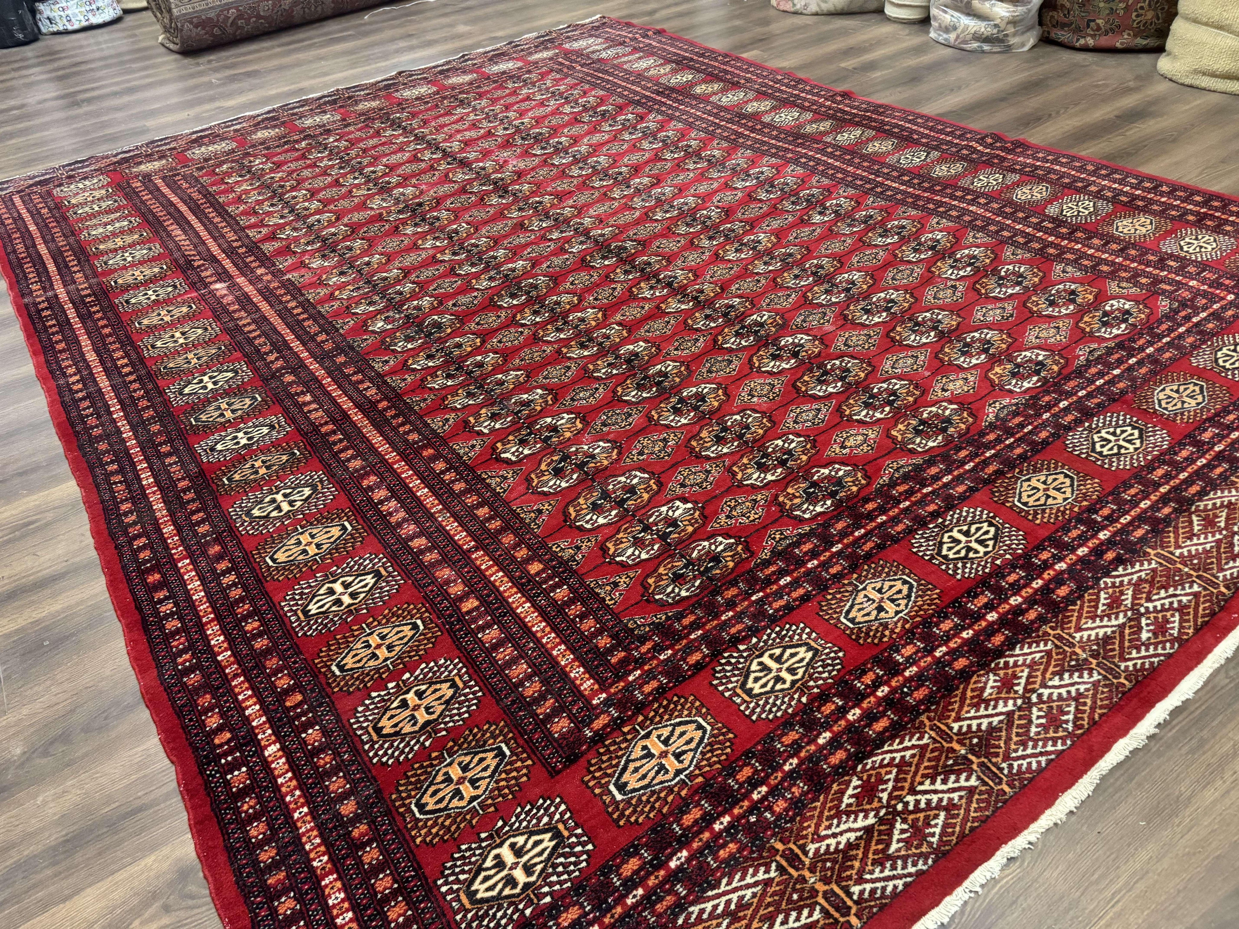 Bokhara Rug 9x12, Red Turkoman Rug, Pakistani Rug, Tribal Carpet, Wool Rug, Red Rug