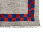 5' 7" x 7' 9" Geometric Kilim Carpet, Gray, Handmade, Hand-Knotted Area Rug, Blue & Red, Flatweave, Wool, New, Checkerboard Pattern