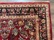 Rare Persian Almost Square Rug 6.3 x 5.3, Hand Knotted Wool Antique 1920s Sarouk Oriental Carpet, Red Navy Blue Beige, Floral Allover, 5x6 Area Rug