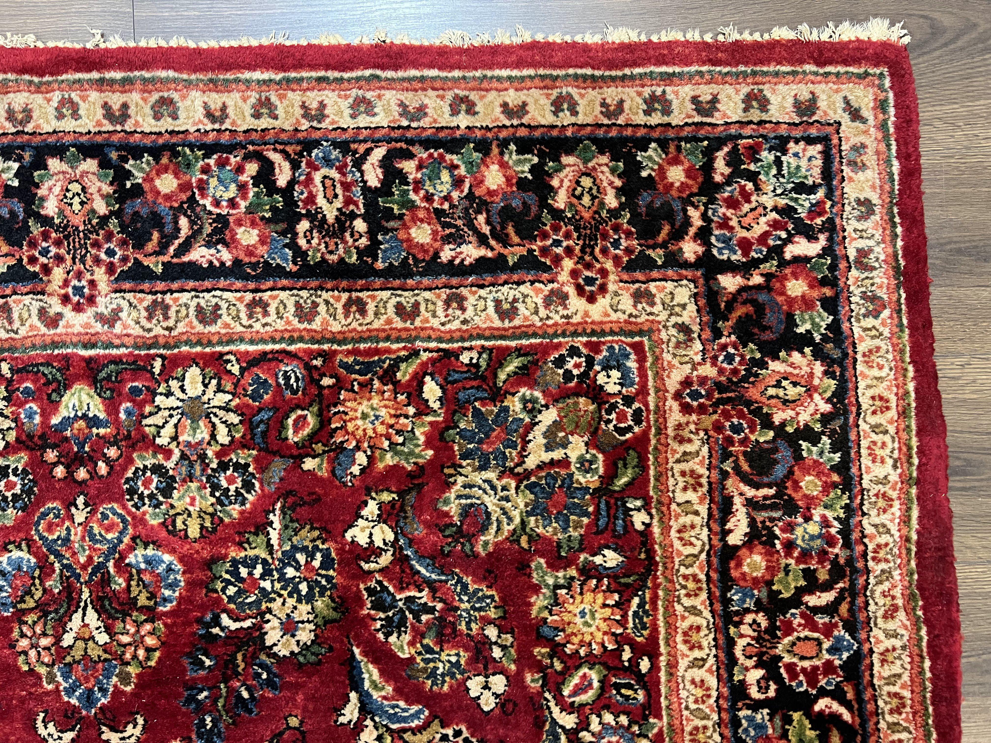 Rare Persian Almost Square Rug 6.3 x 5.3, Hand Knotted Wool Antique 1920s Sarouk Oriental Carpet, Red Navy Blue Beige, Floral Allover, 5x6 Area Rug