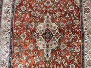 Persian Qum Silk Rug 5x7 - Floral Medallion, Birds, Orange-Red
