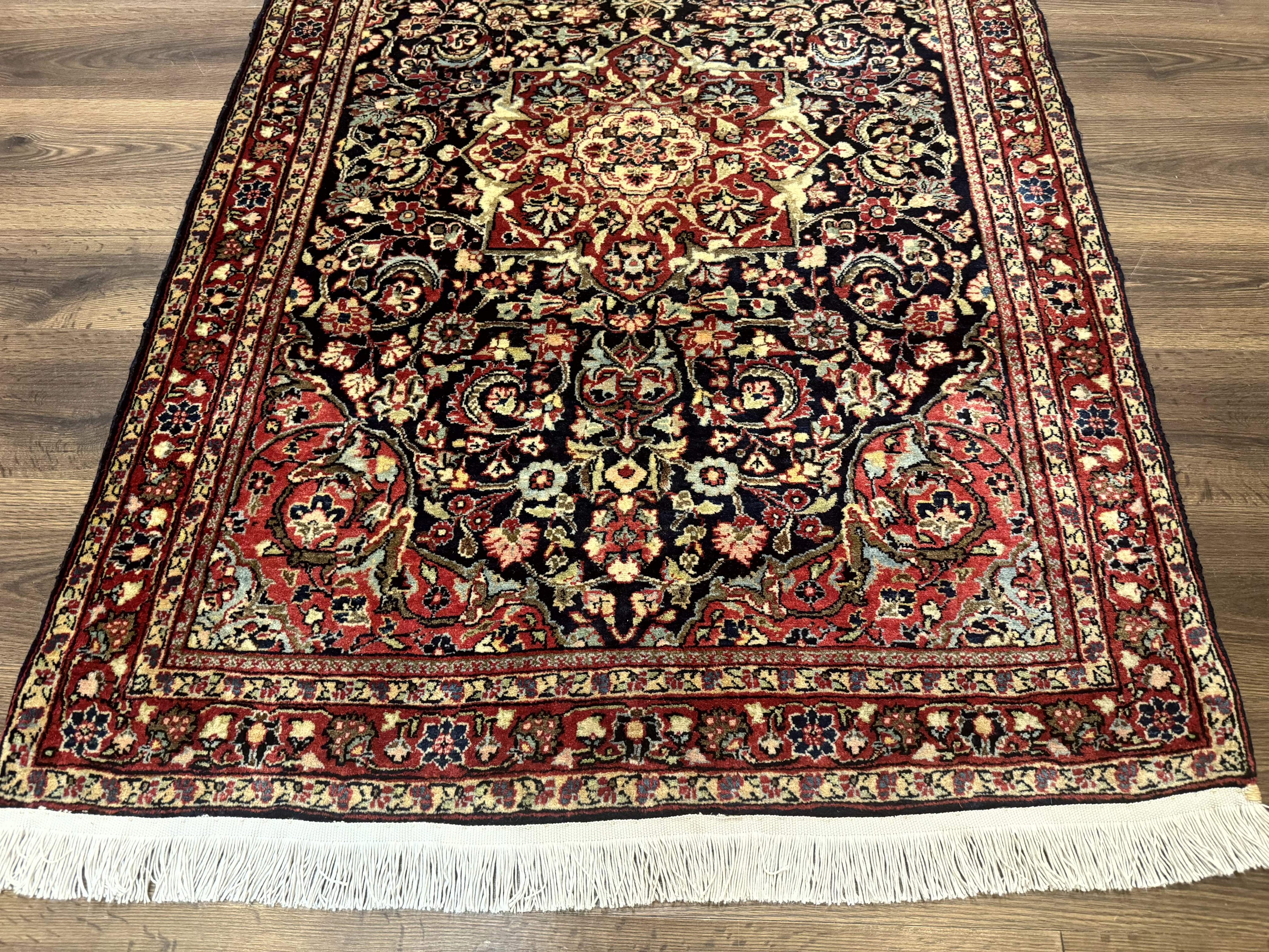 Antique Persian Sarouk Rug 4x5, Dark Blue and Red, Floral Medallion, Fine
