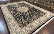 Sino Persian Rug 9x12, Floral Medallion, Black and Ivory, Elegant