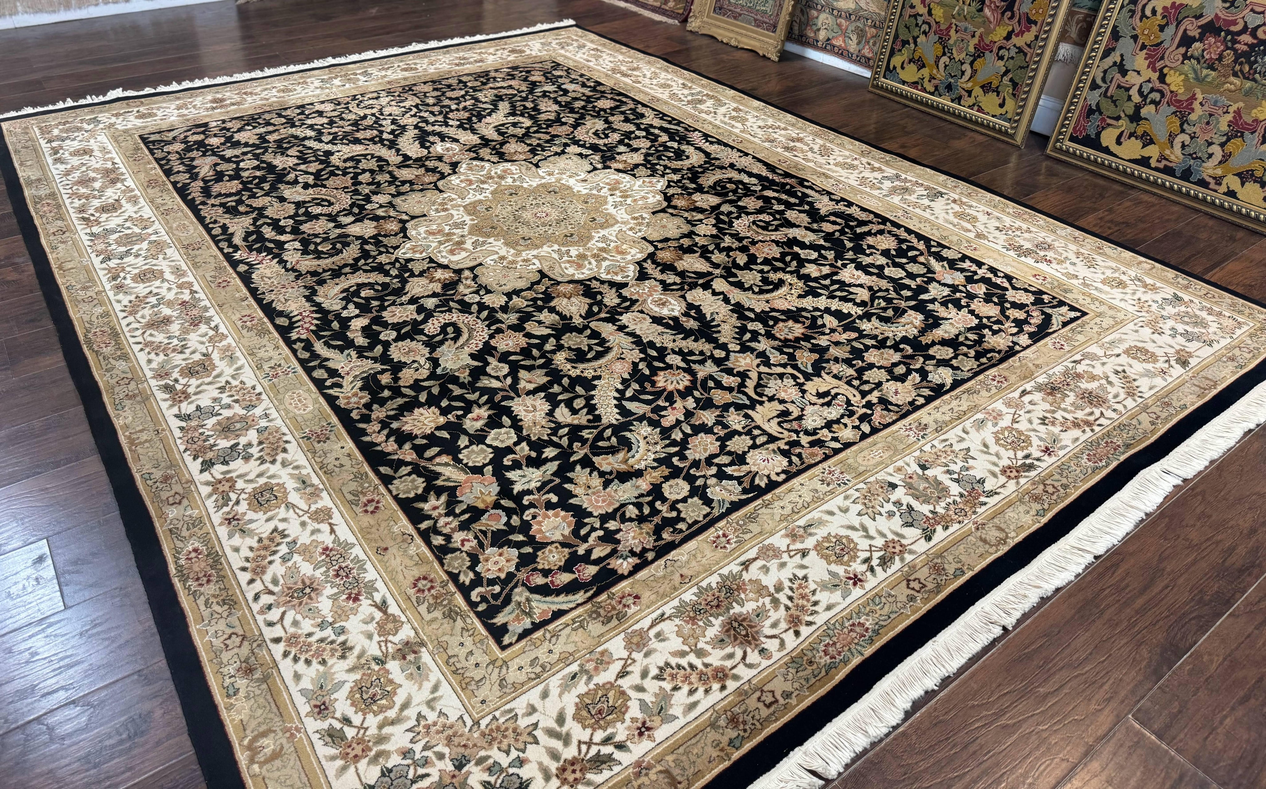 Sino Persian Rug 9x12, Floral Medallion, Black and Ivory, Elegant