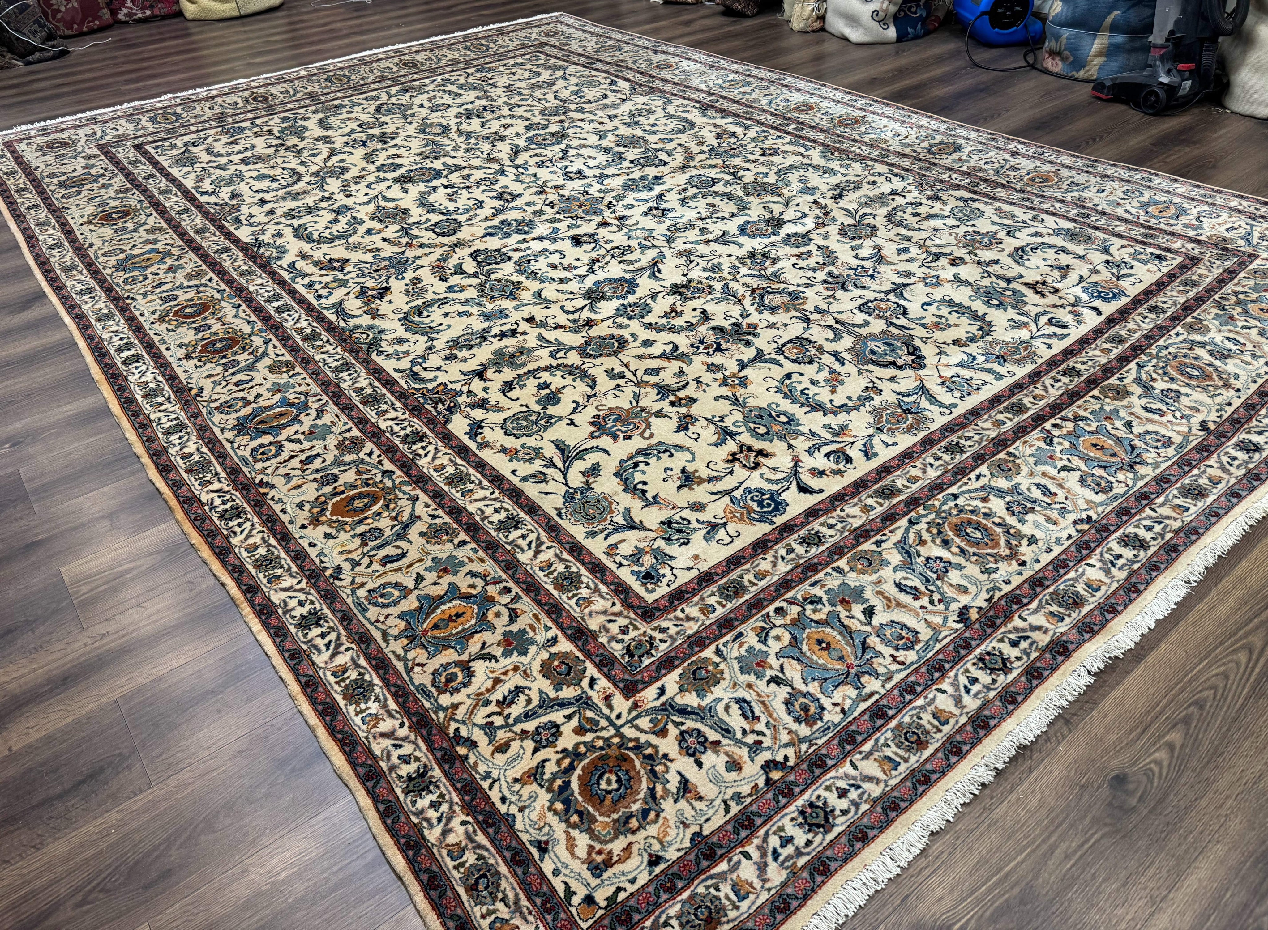 Persian Kashan Rug 10x14, Bone - Beige and Blue, Allover Pattern, Traditional Persian Carpet, Fine 260 KPSI