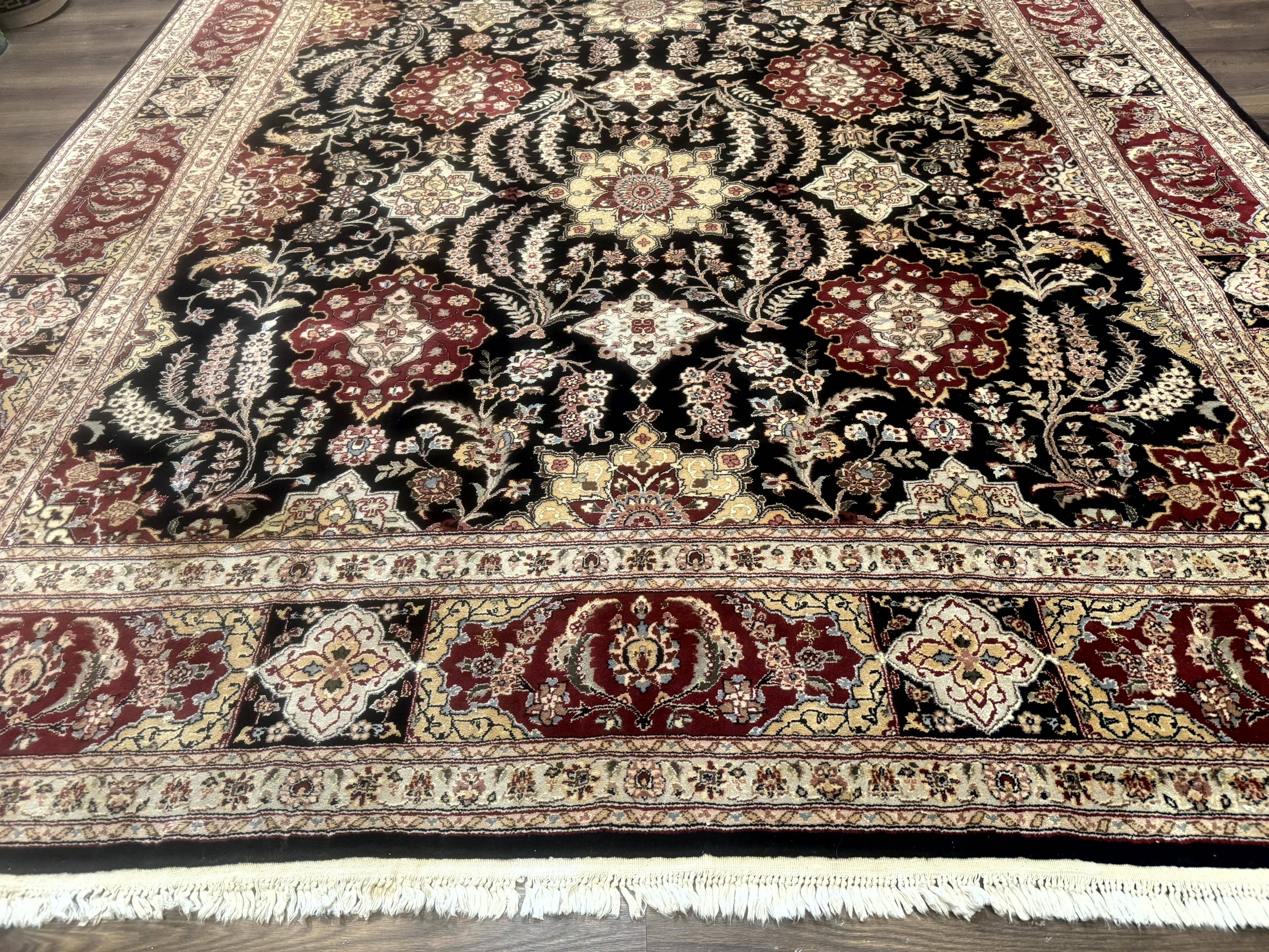 Sino Persian Rug 9x12, Black & Maroon, Wool and Silk, Allover Pattern