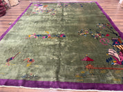 Antique Chinese Nichols Rug 9x12 - Rare Green and Purple Art Deco Carpet