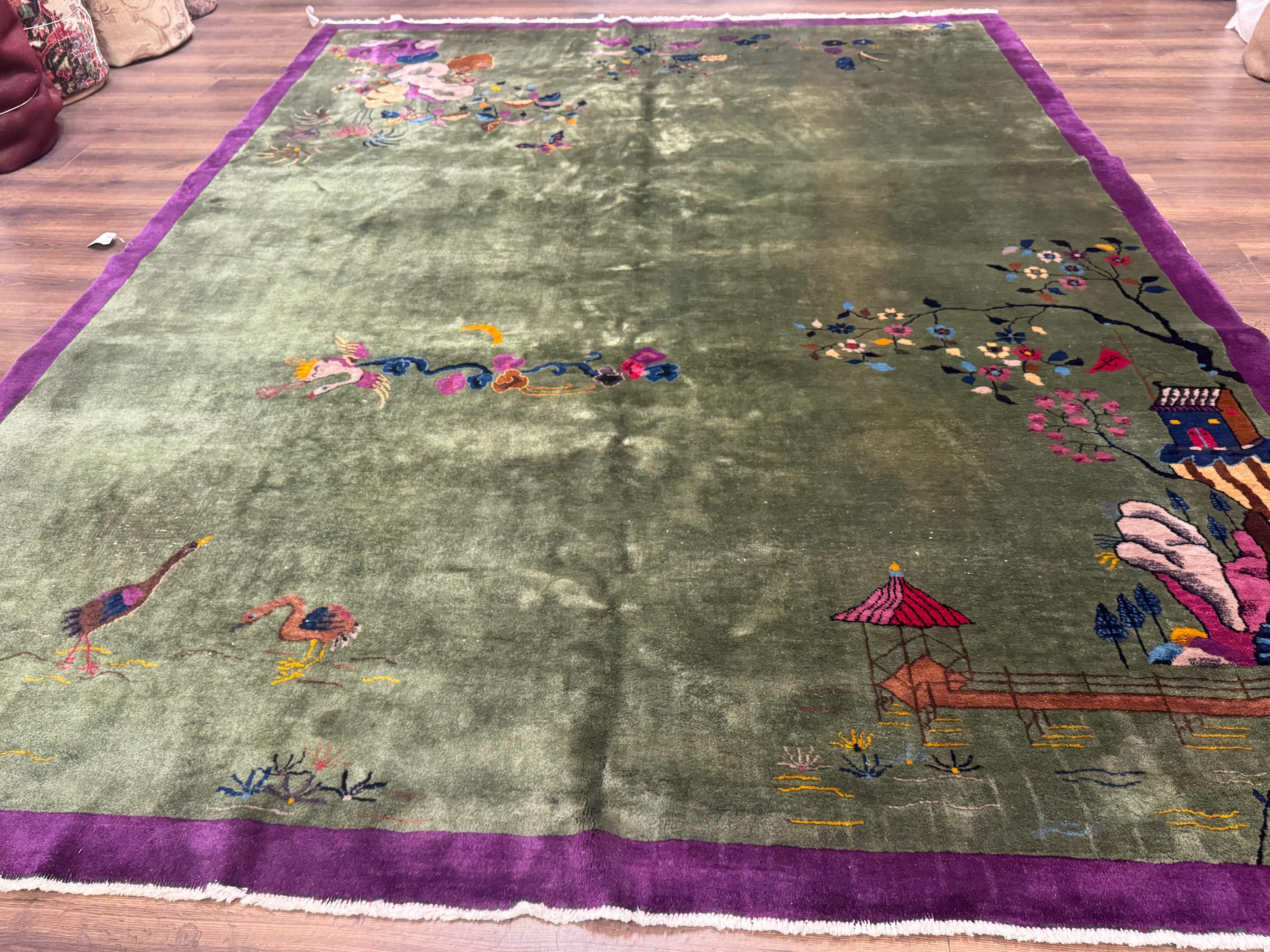 Antique Chinese Nichols Rug 9x12 - Rare Green and Purple Art Deco Carpet