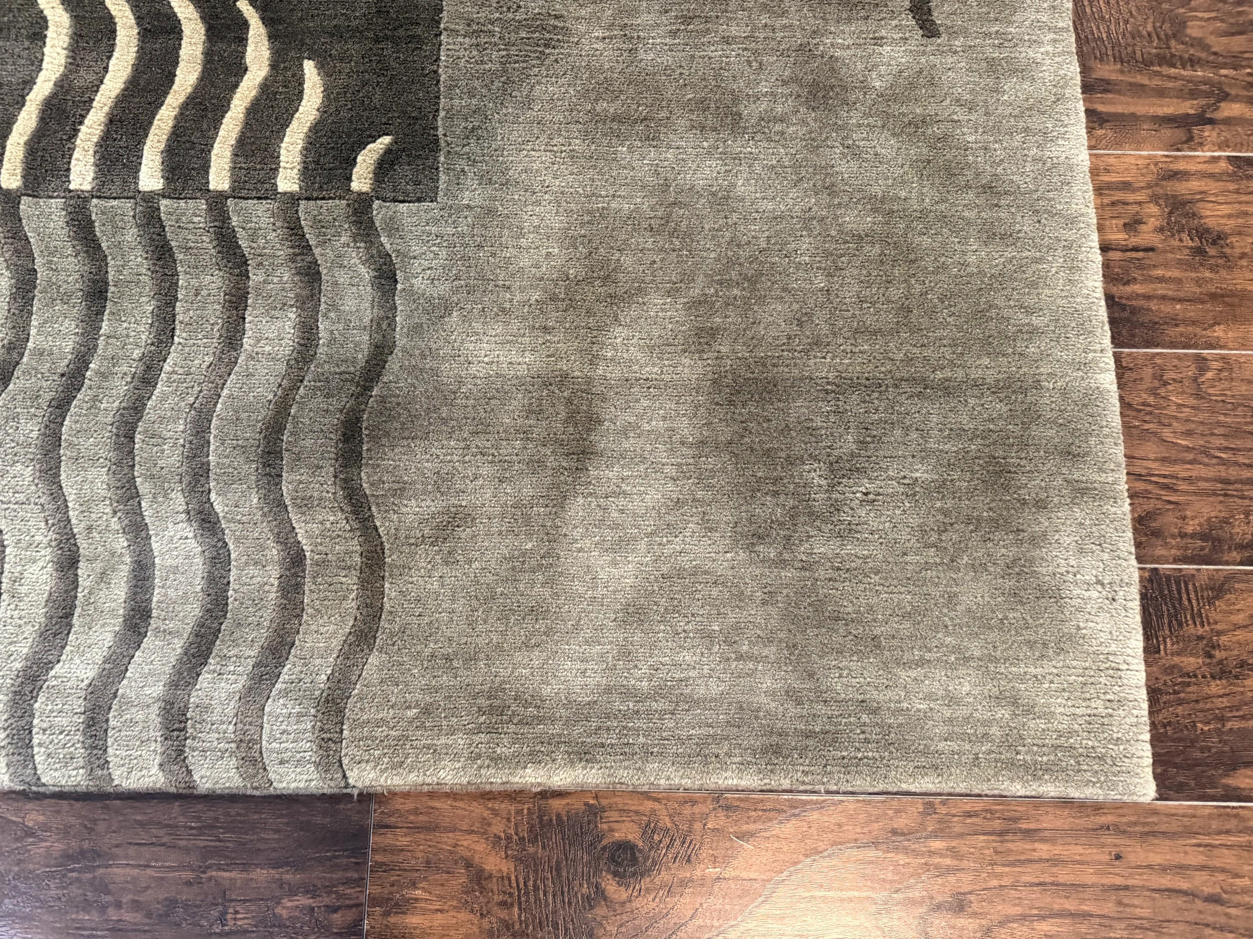 Modern Tibetan Wool Rug 3.6 x 5.6, Shades of Green, Abstract Design