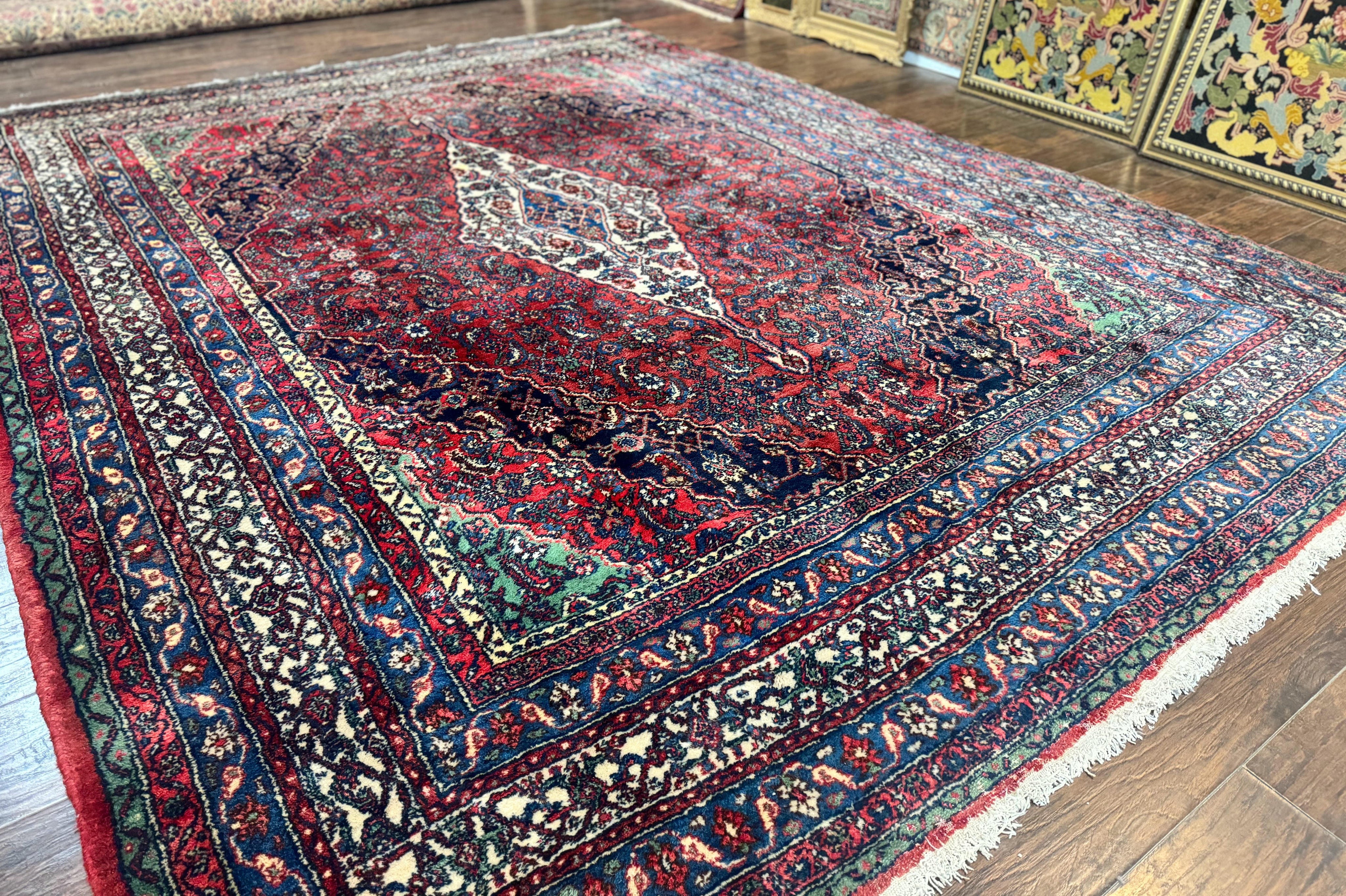 Antique Persian Hamadan Tribal Rug 8x10, Red and Ivory, Medallion Rug, Wool Handmade Carpet