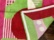 European Shag Rug 4.8 x 4.8, Modern Abstract Design, Green Pink Red, Square Shag Rug, Unique